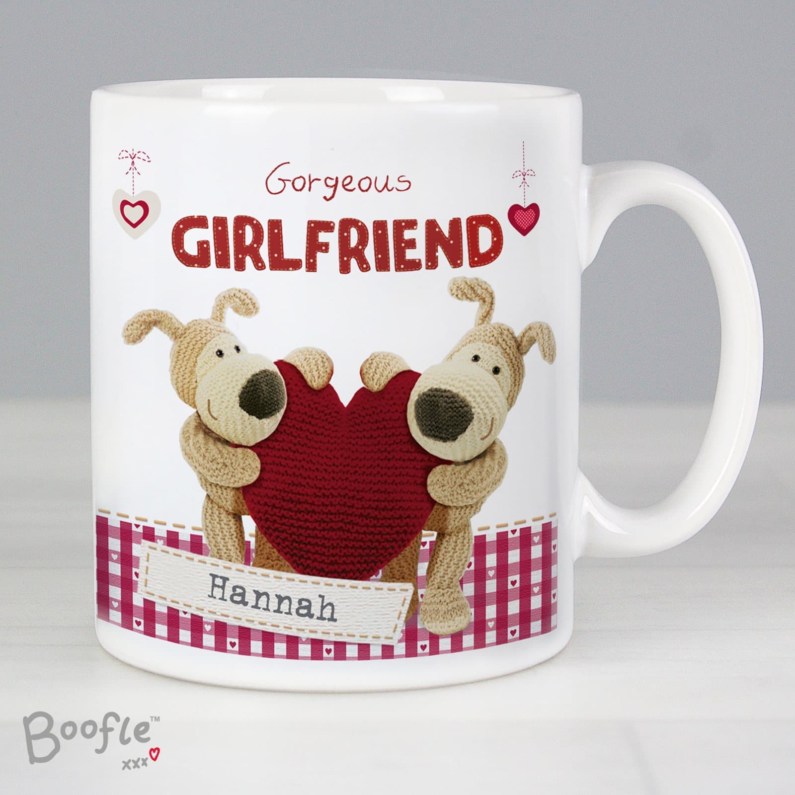 Personalised Boofle shared heart mug, a ceramic mug