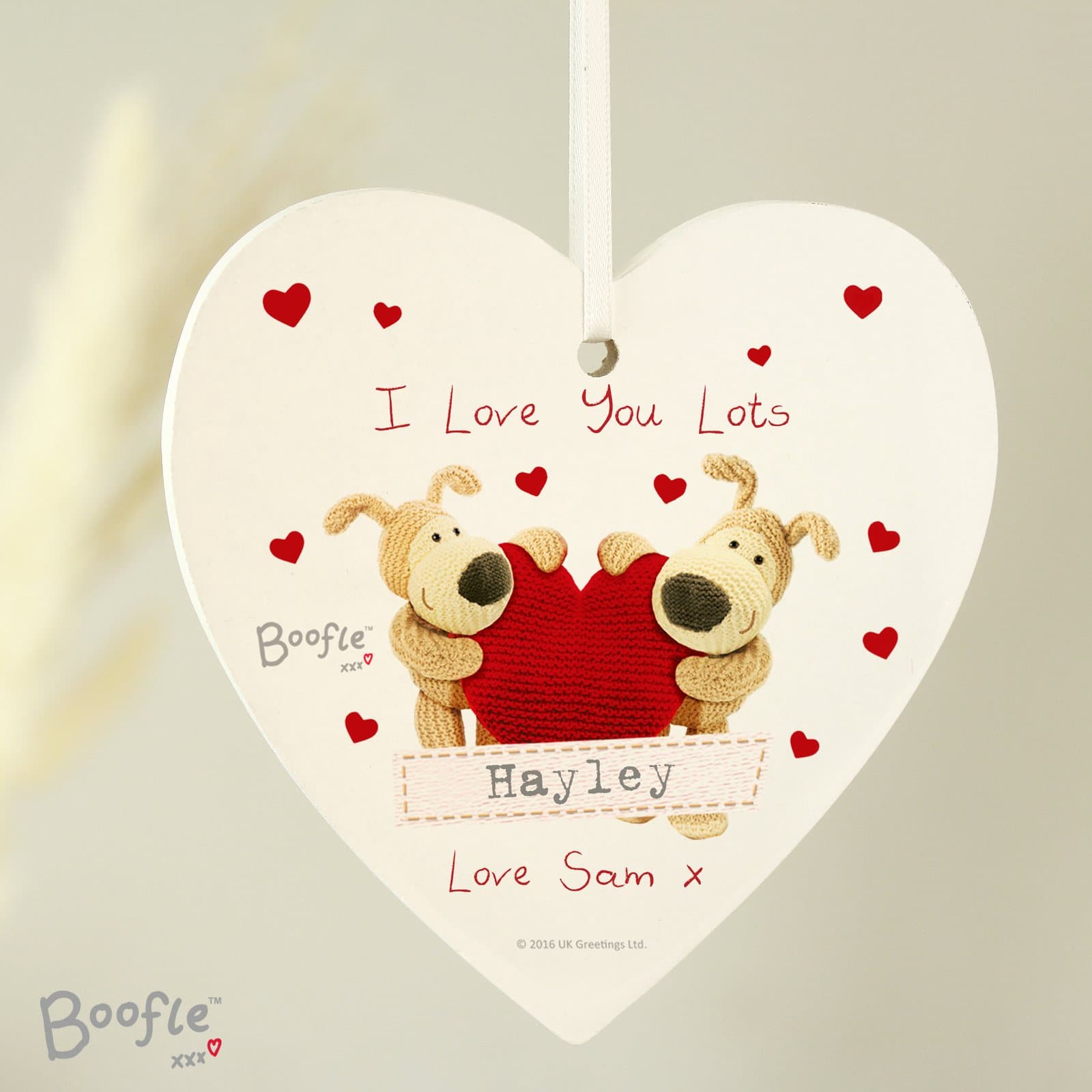 Wooden heart decoration with Boofle shared heart design and ribbon