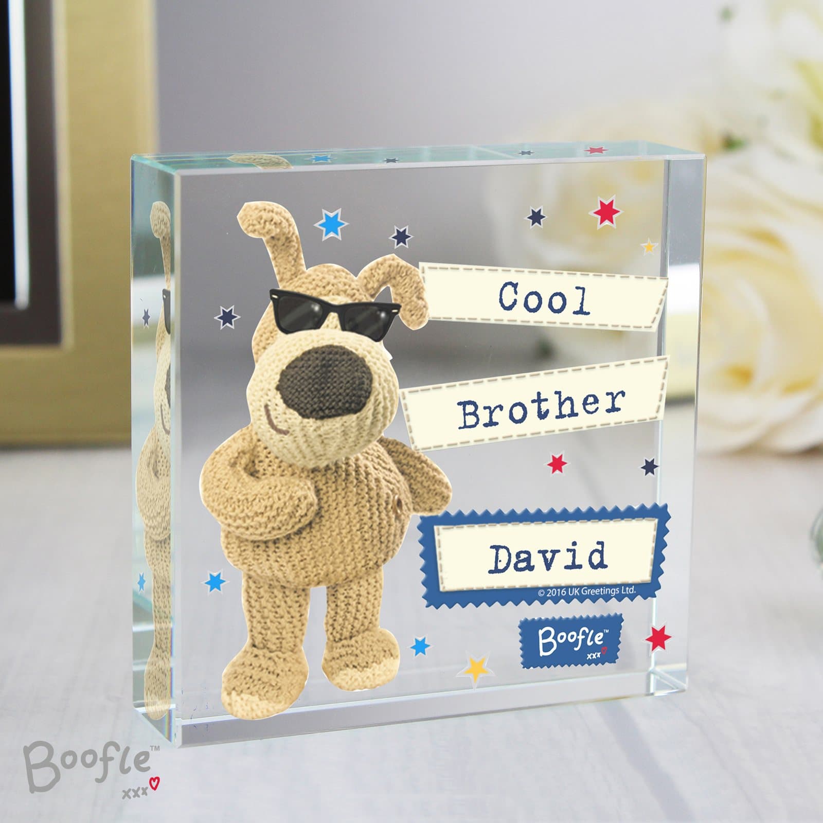 Boofle stars crystal token personalised with a three-line message