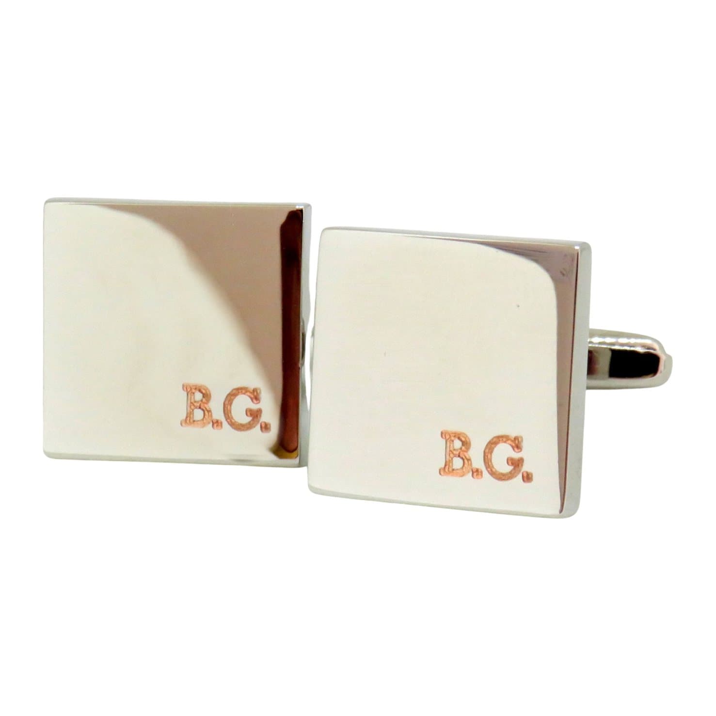 Silver coloured square cufflinks with engraved initials