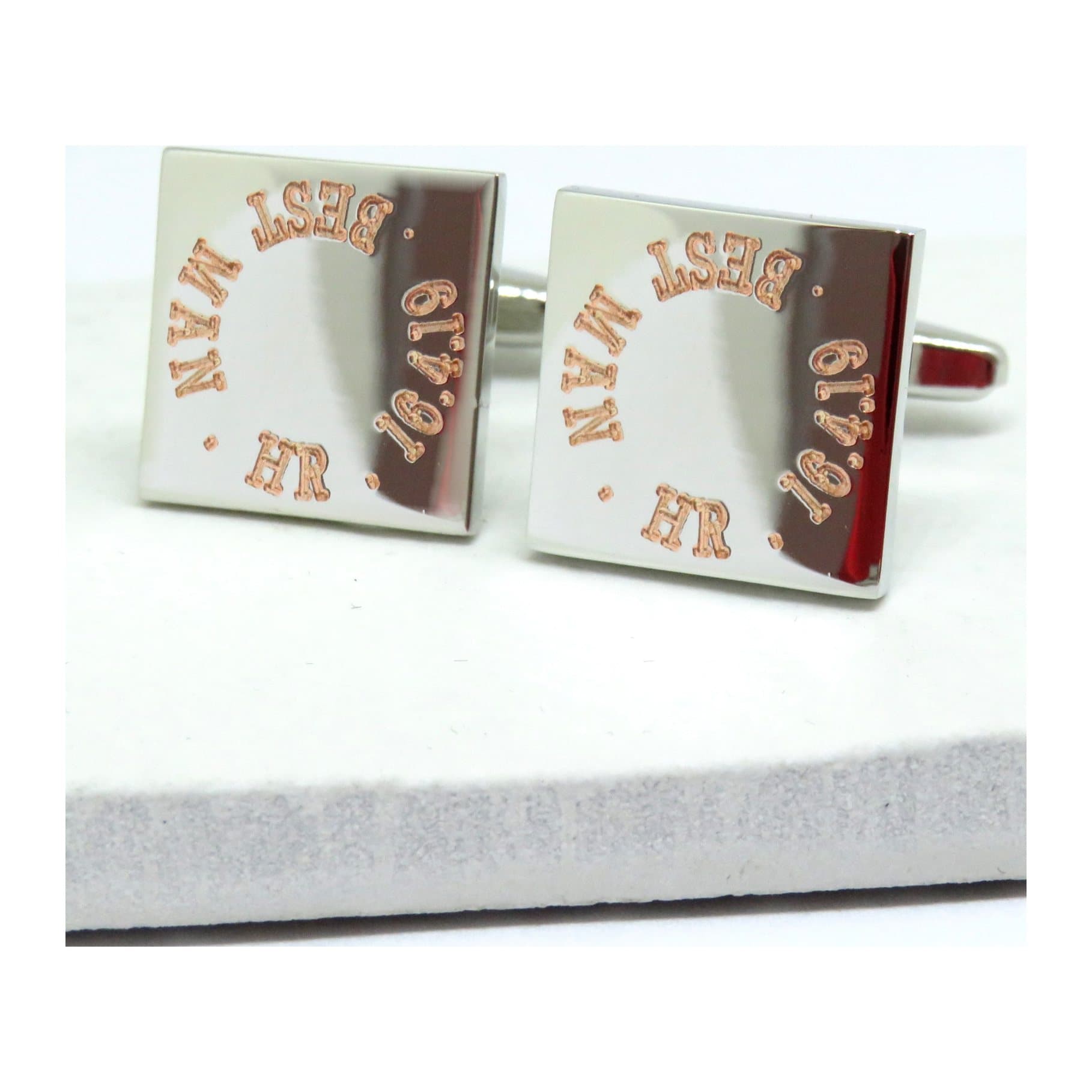 Silver coloured personalised square cufflinks engraved with a name