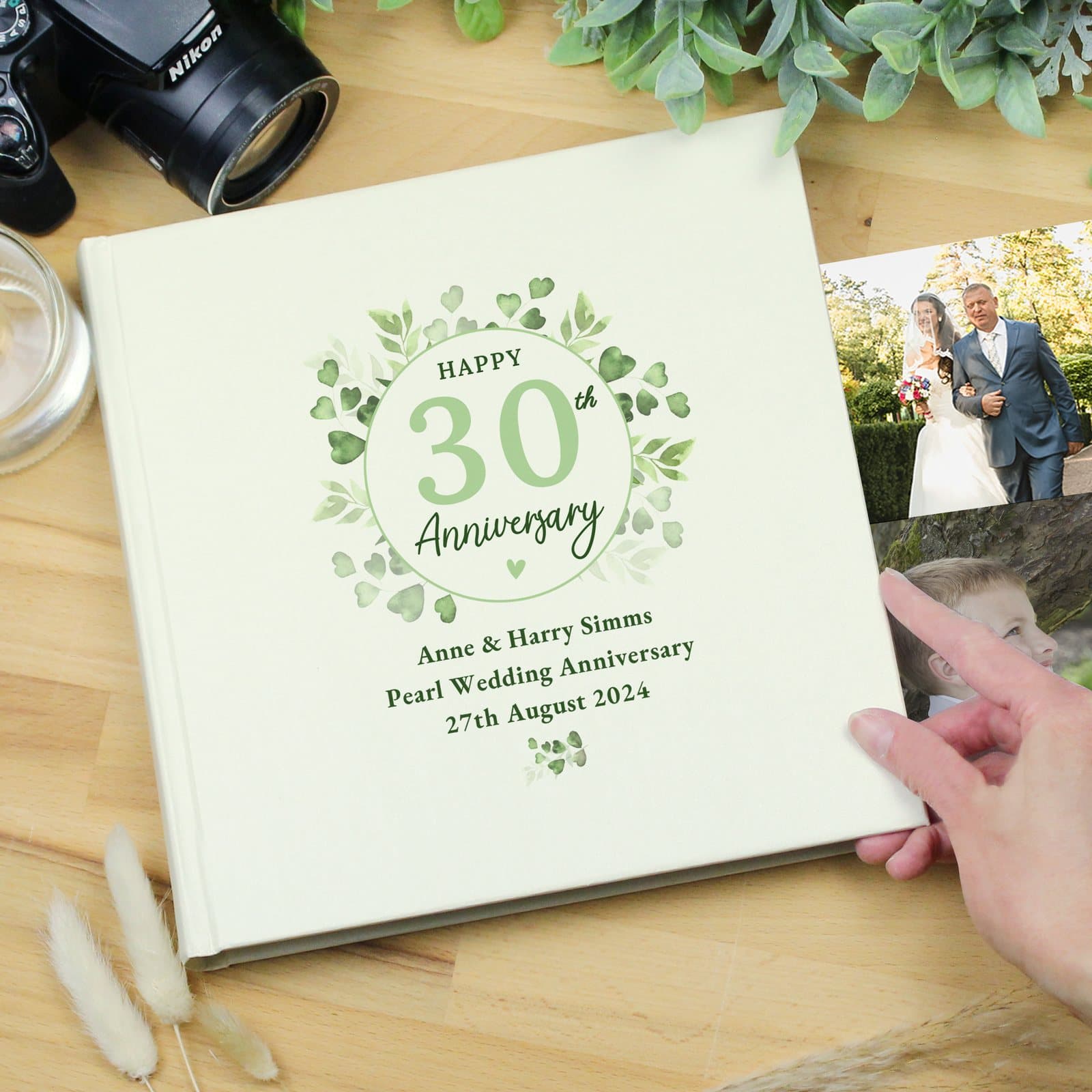 Square botanical anniversary photo album with personalised number and message