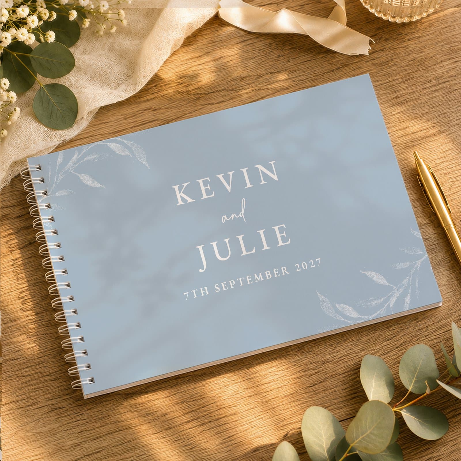 Baby blue botanical personalised wedding guest book
