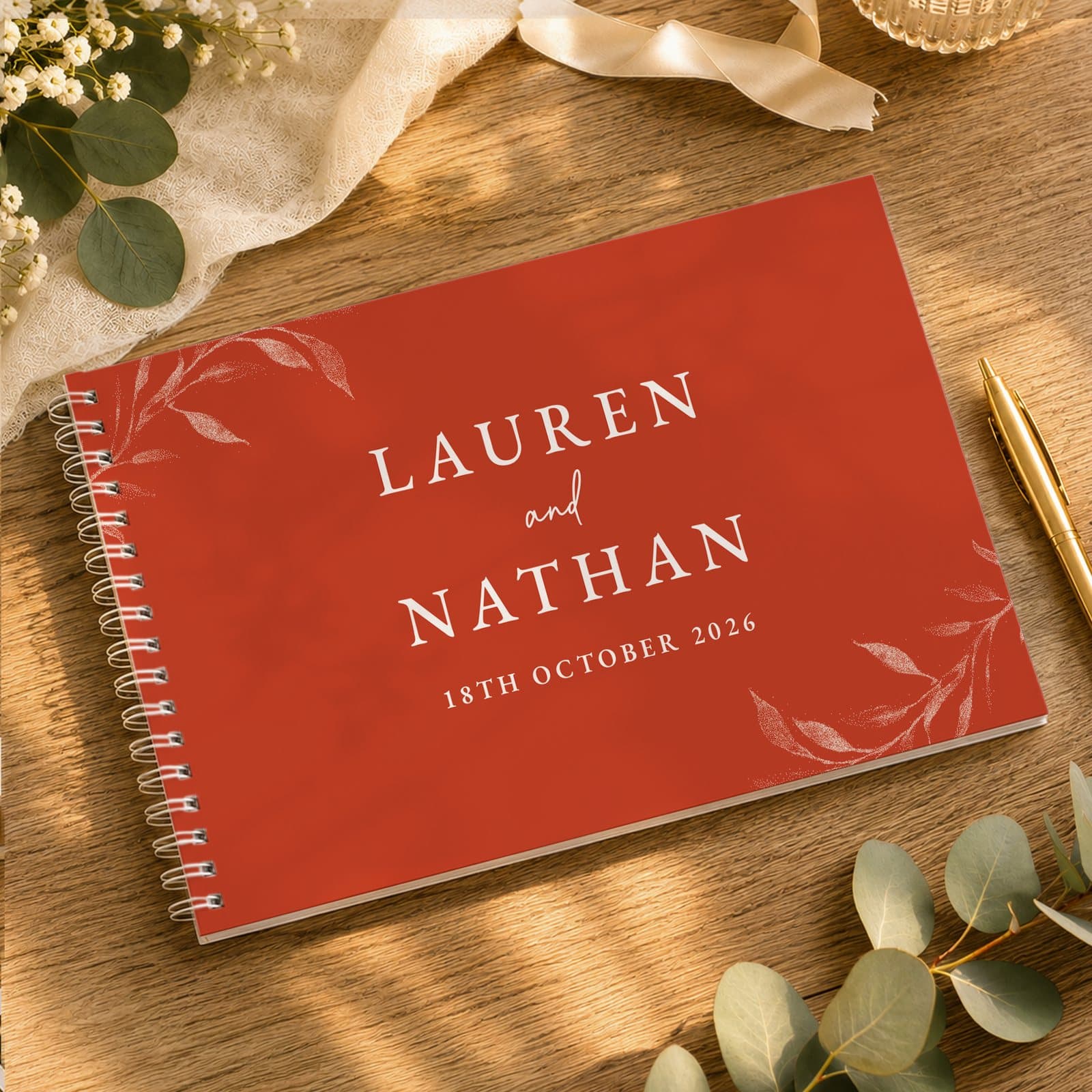 Burnt orange botanical spiral bound wedding guest book