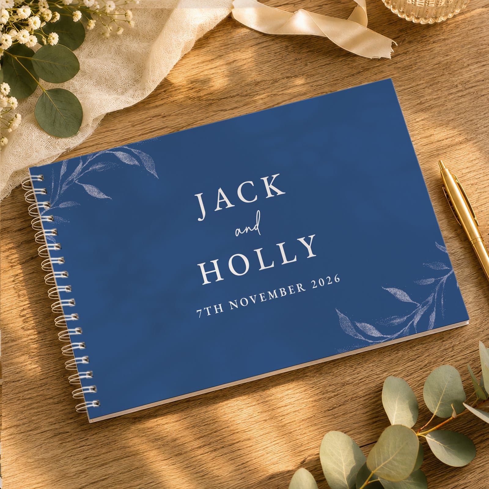 Cobalt blue botanical personalised wedding guest book