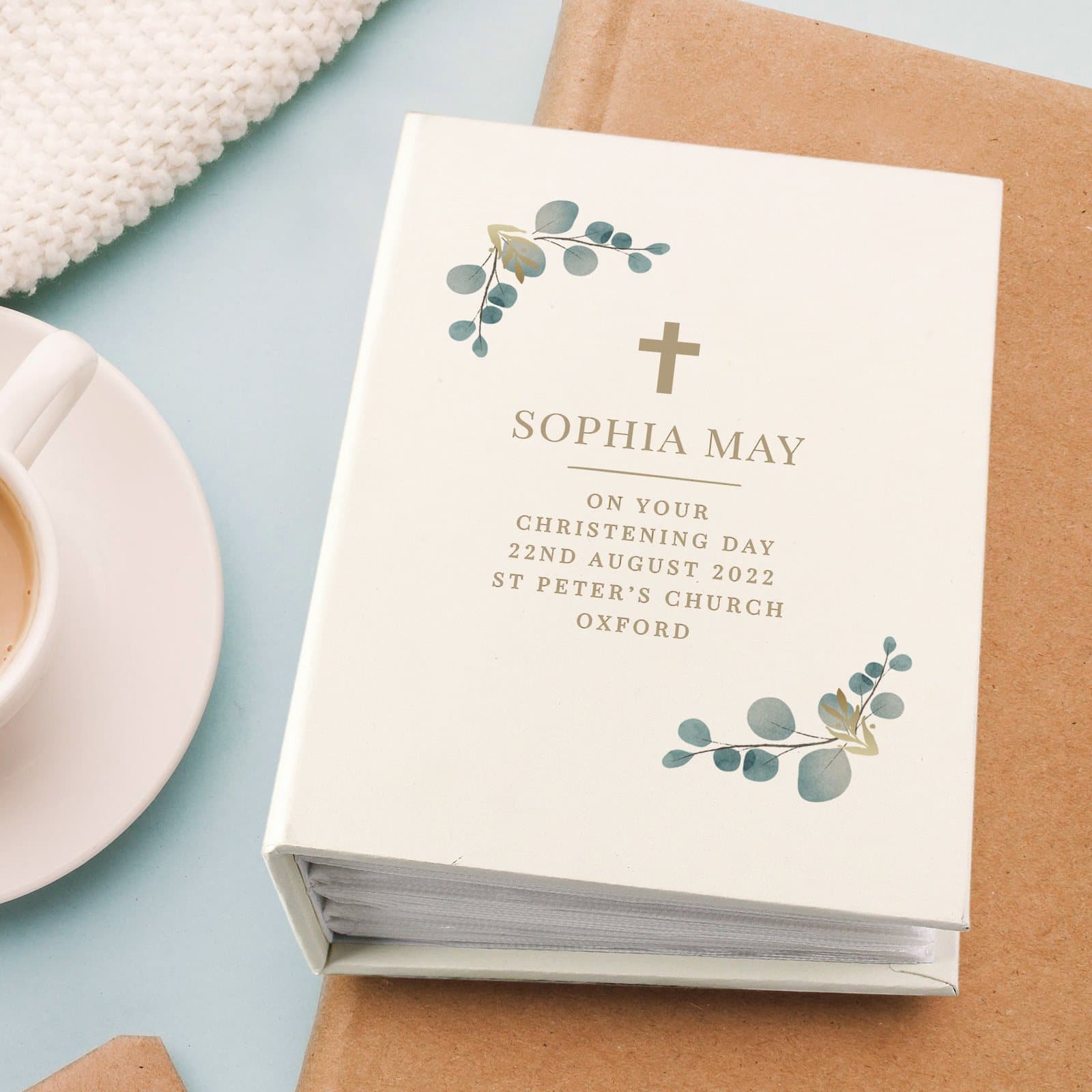 Botanical cross 6x4 photo album with personalised name and message