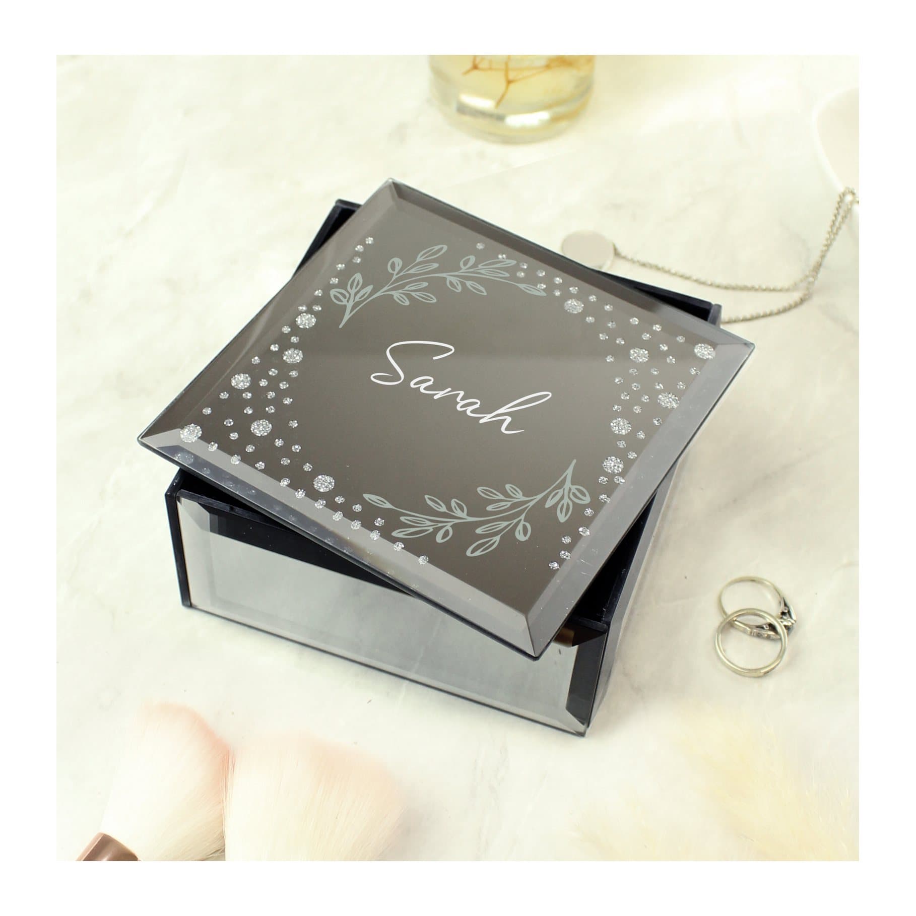 Glass botanical diamante mirrored trinket box personalised with a name