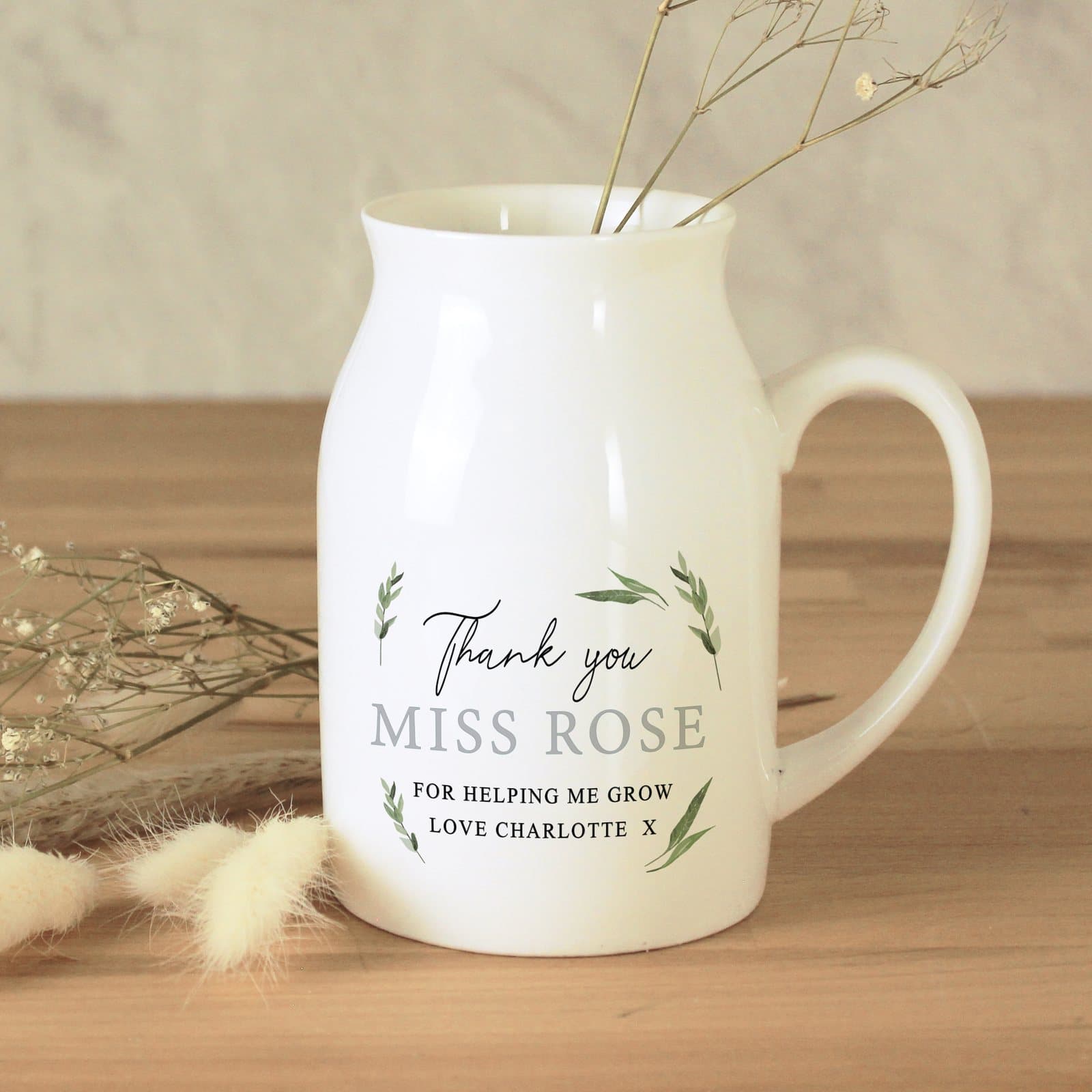 Ceramic botanical flower jug vase personalised with four lines of text
