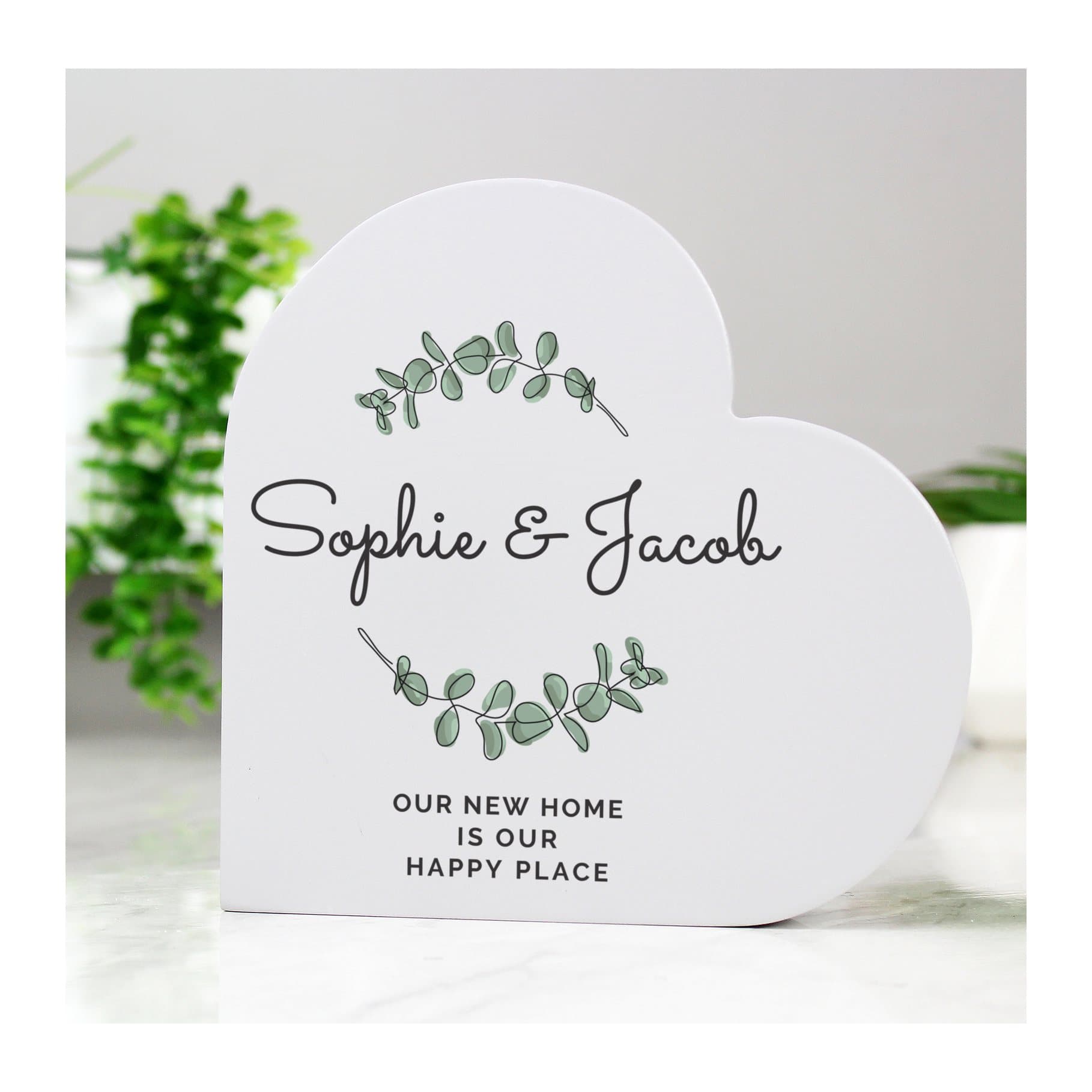Grey painted wooden free standing heart ornament with personalised text