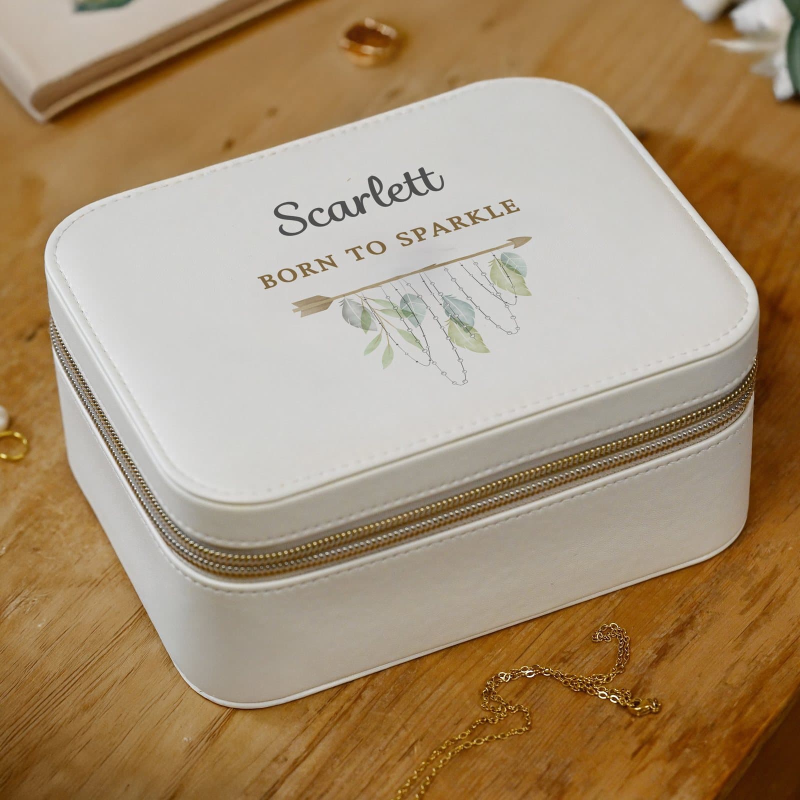 Faux leather botanical jewellery box personalised with two lines of text
