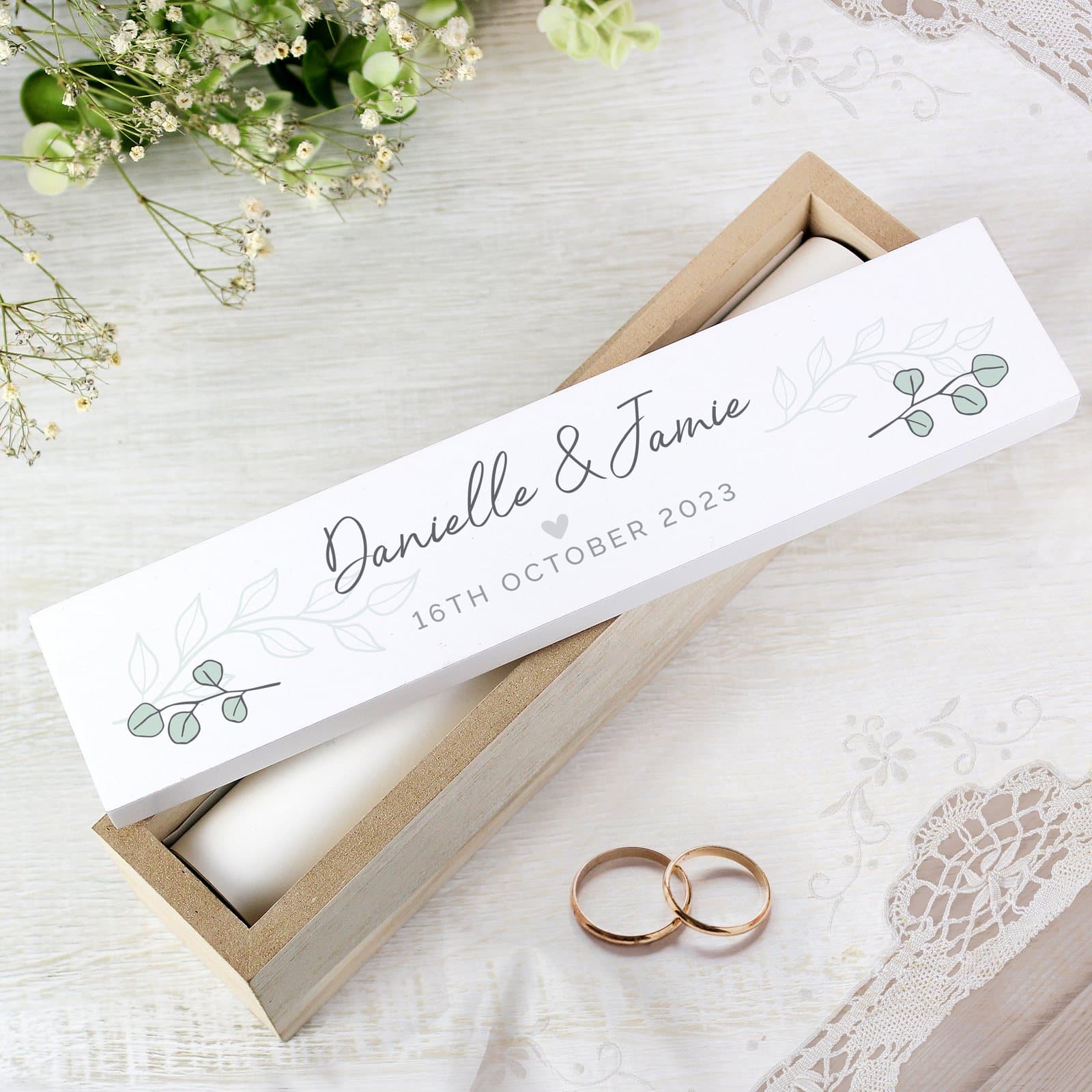 Wooden botanical leaves certificate holder personalised with two lines of text