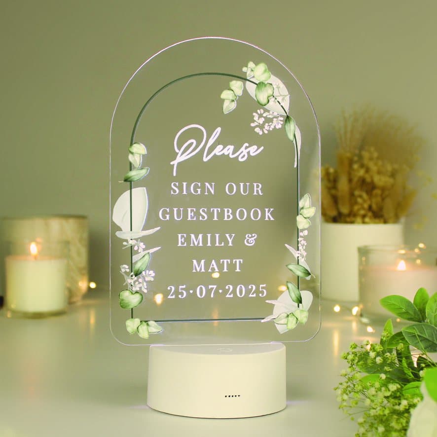 Botanical LED acrylic wedding sign with six lines of text