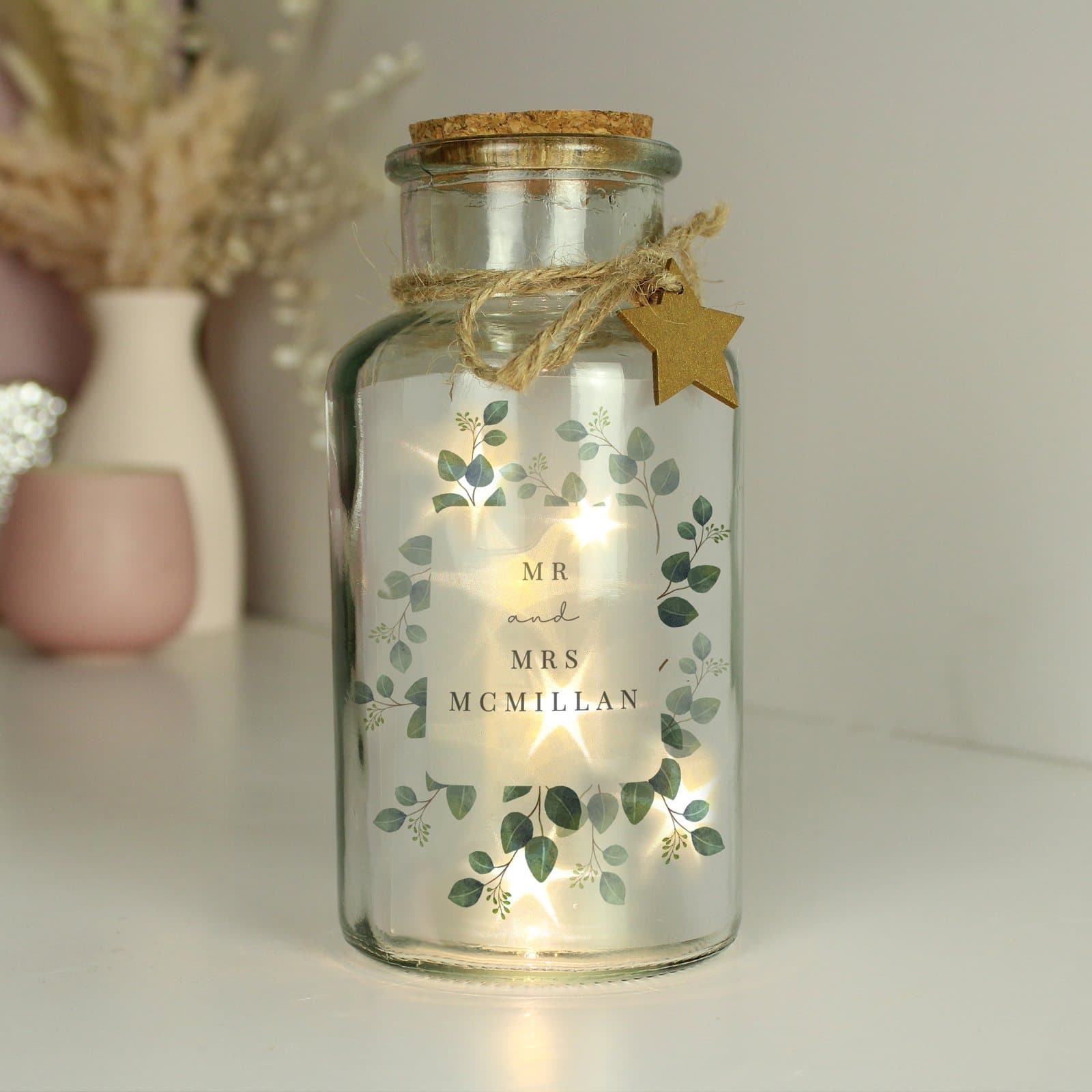Glass LED jar in a botanical design with four personalised lines of text