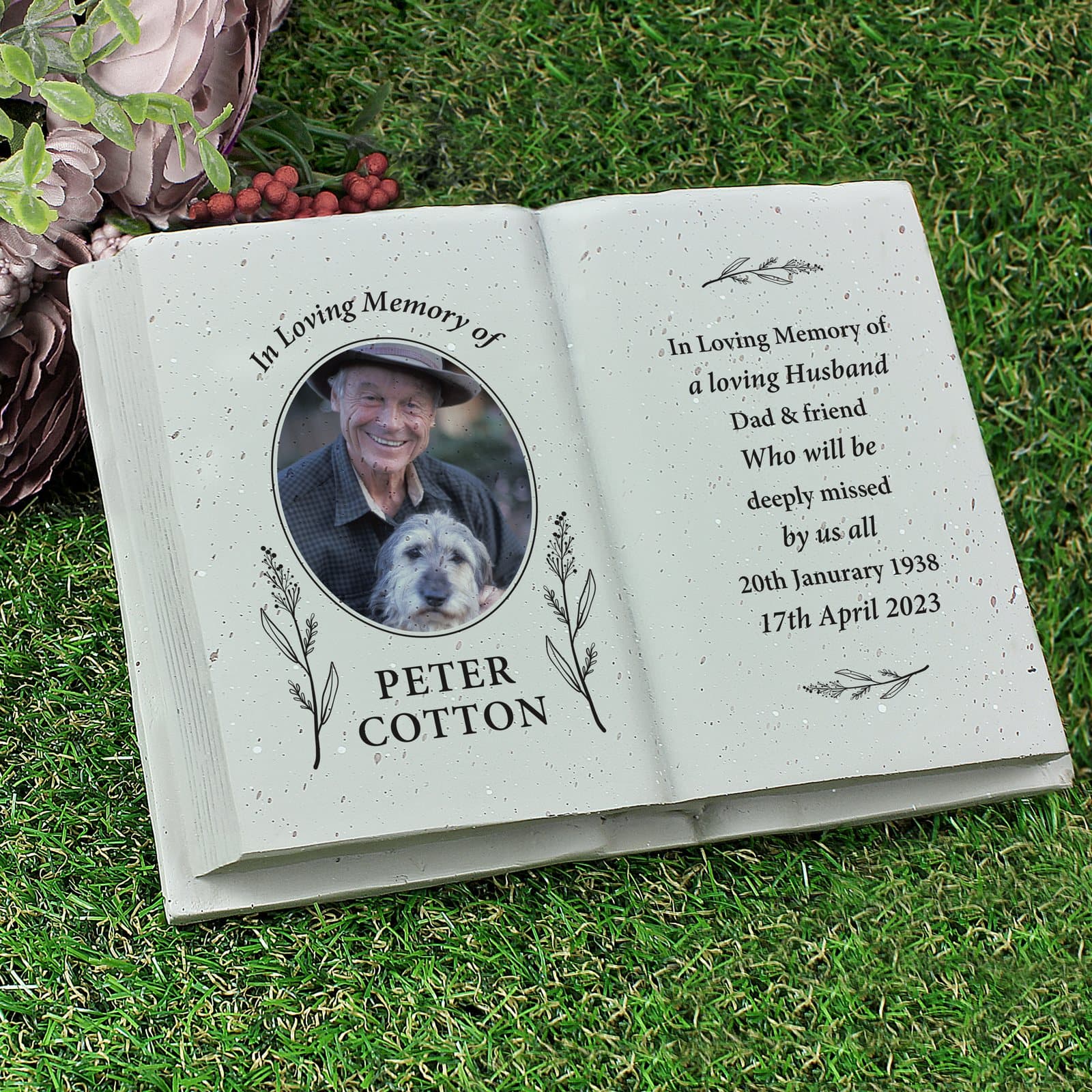 Resin book memorial ornament with a photo and lines of text