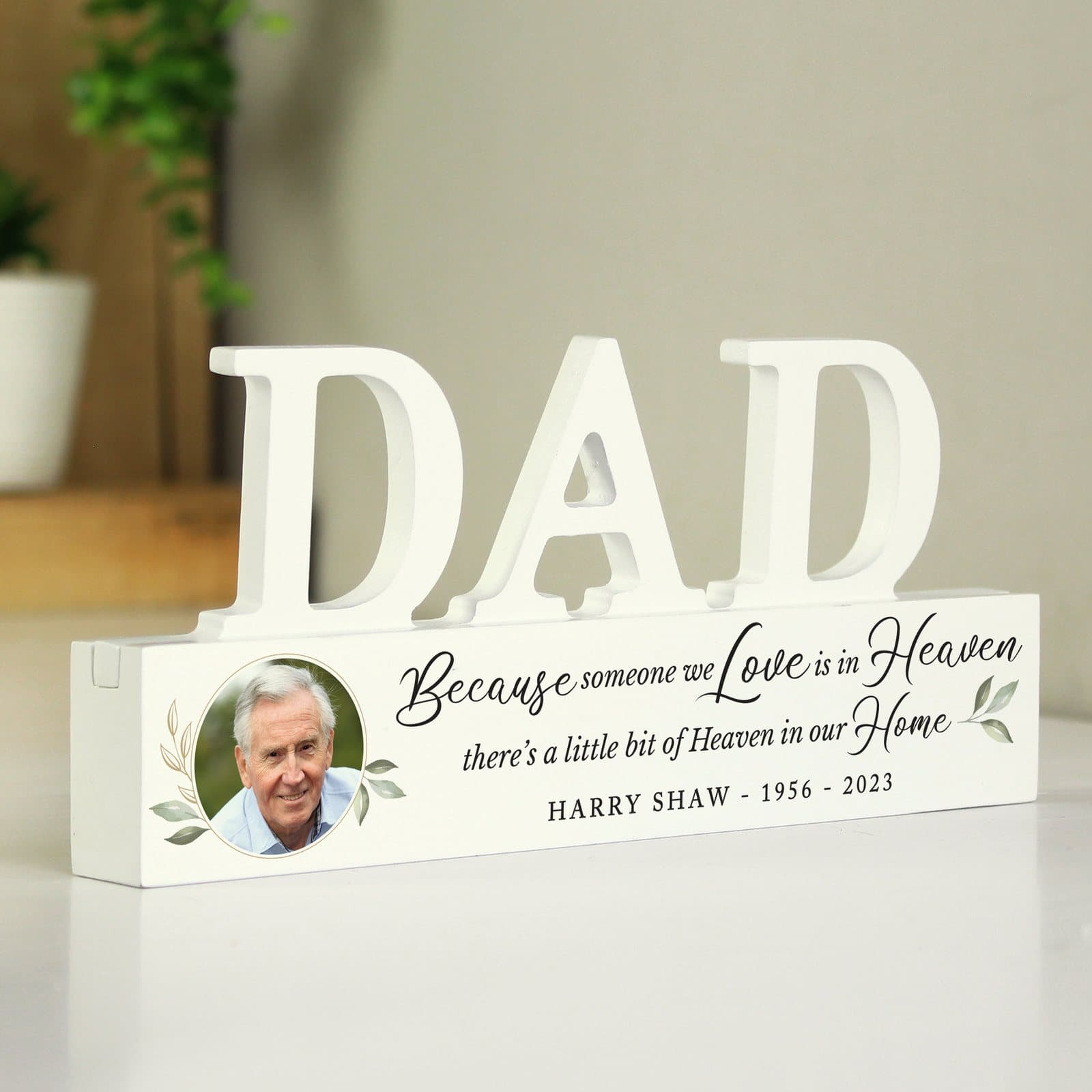 Wooden dad memorial ornament with photo and one line of text