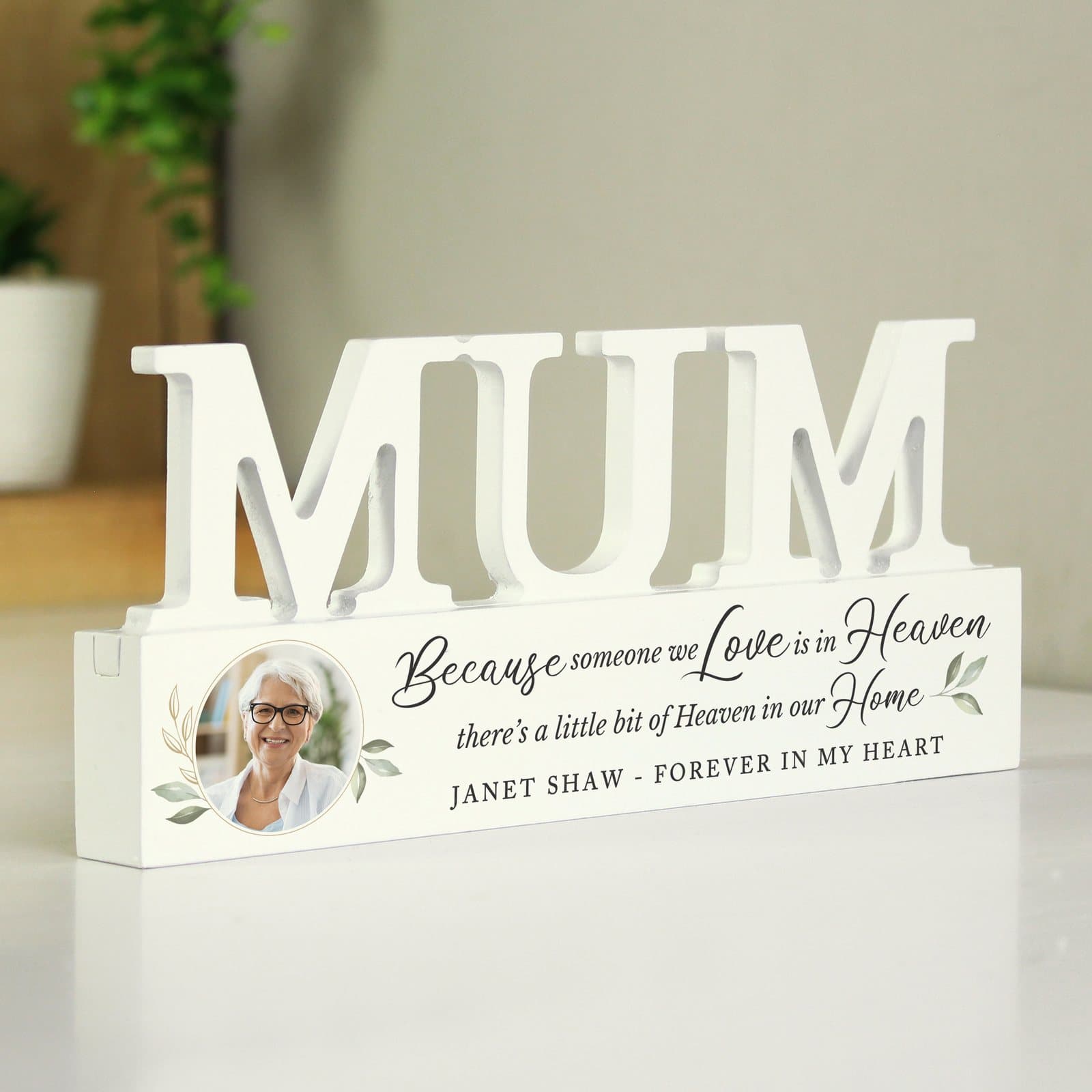 Wooden mum memorial ornament with photo and one line of text