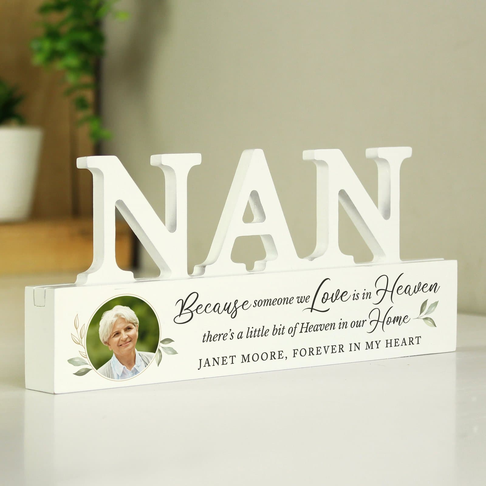 Wooden nan memorial ornament with photo and one line of text