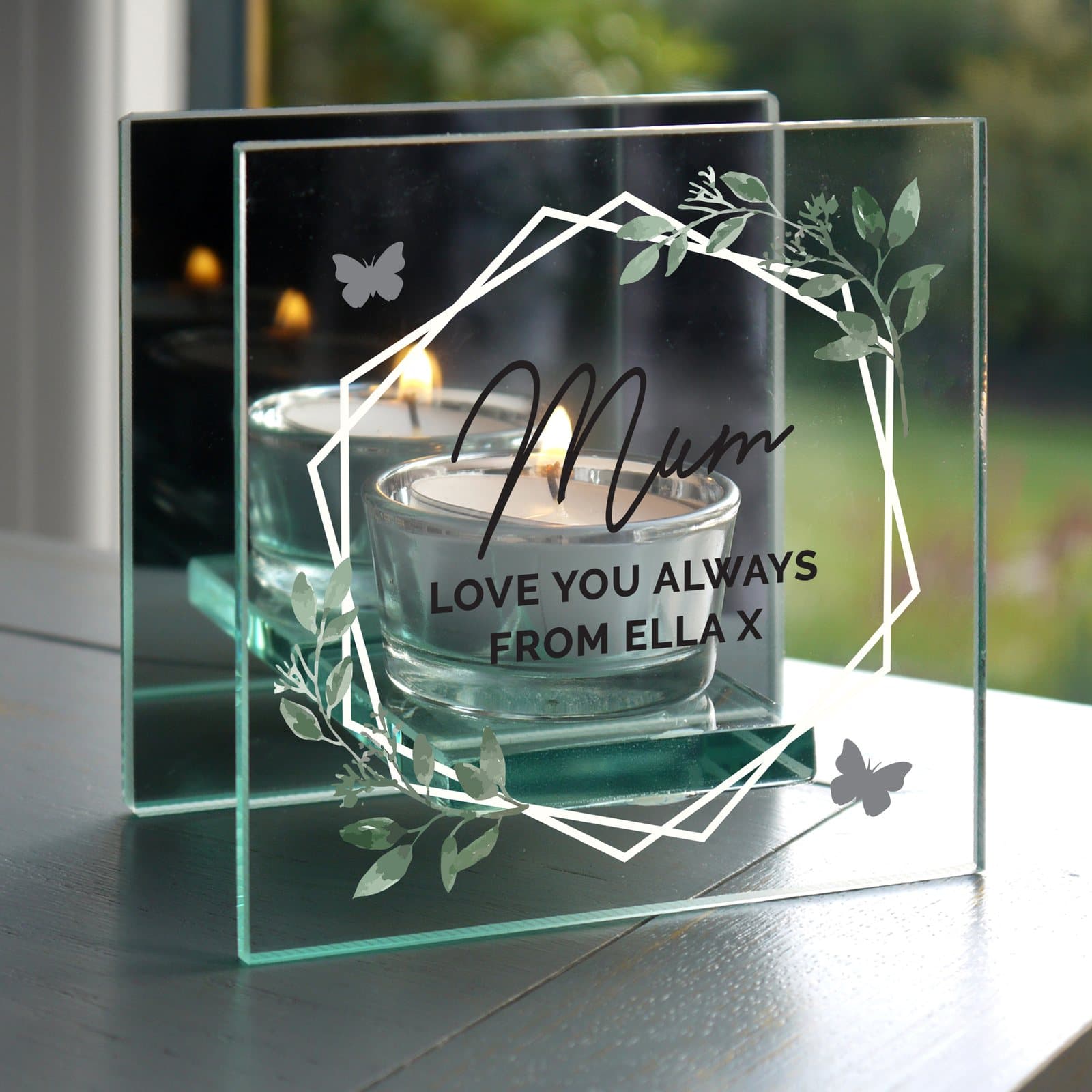 Personalised botanical mirrored glass tea light candle holder