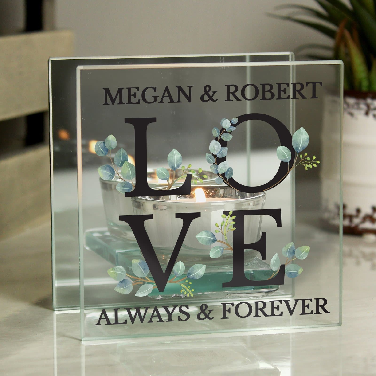 Personalised botanical mirrored glass tea light holder