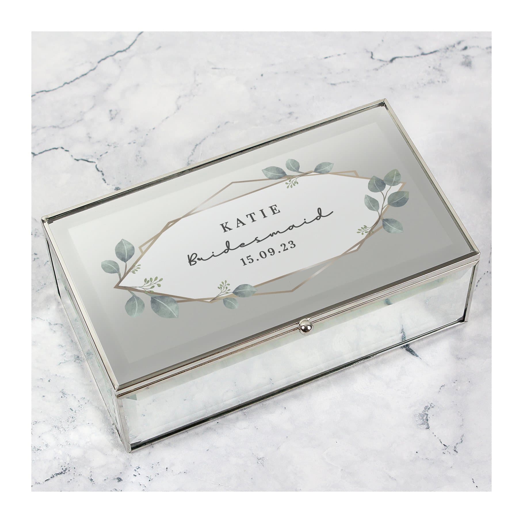 Botanical mirrored jewellery box personalised with three lines of text