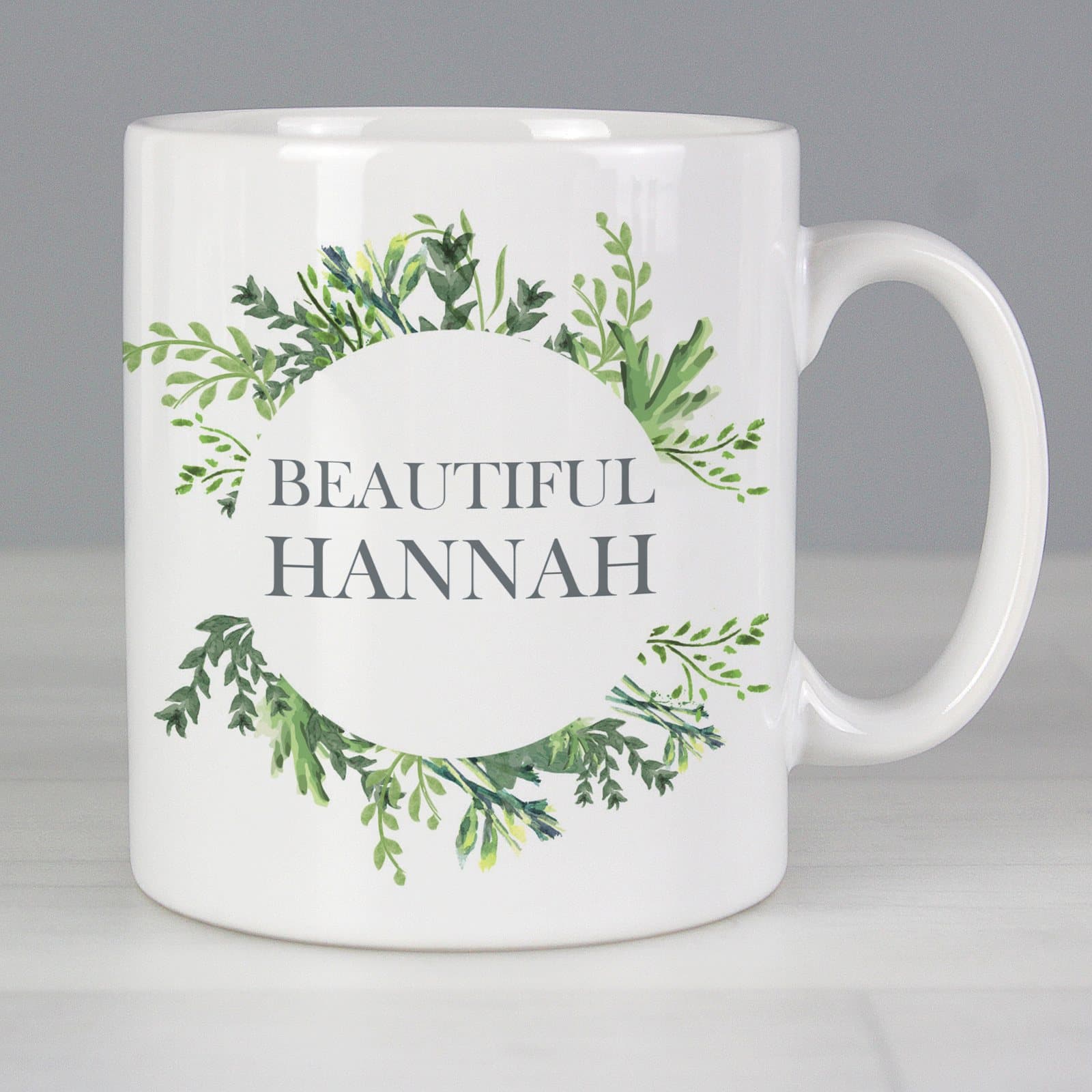 Botanical design ceramic mug with a name and role on the front