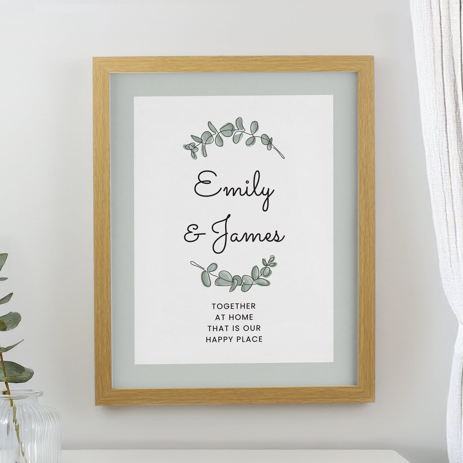Oak framed botanical print with six lines of personalised text