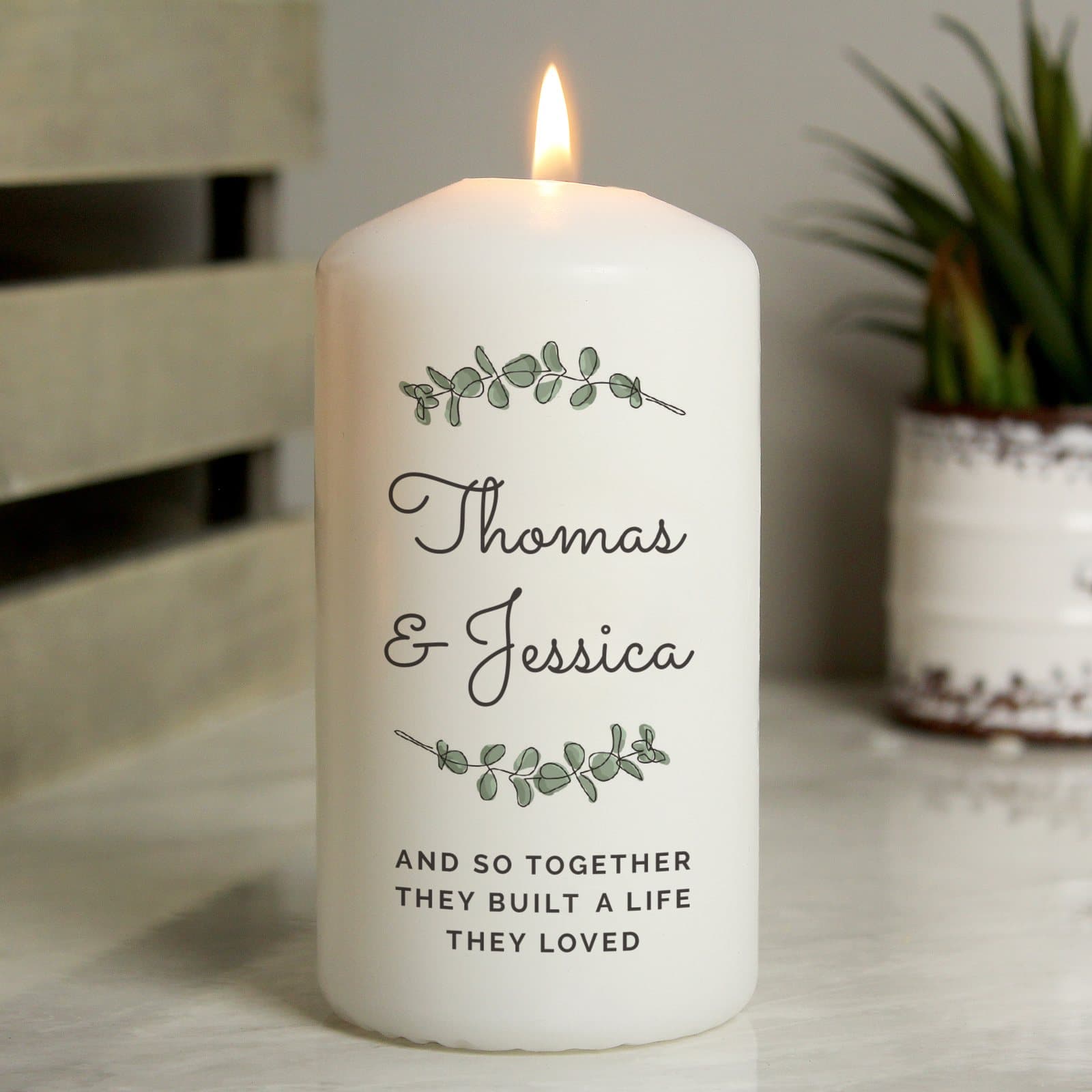 Personalised botanical pillar candle