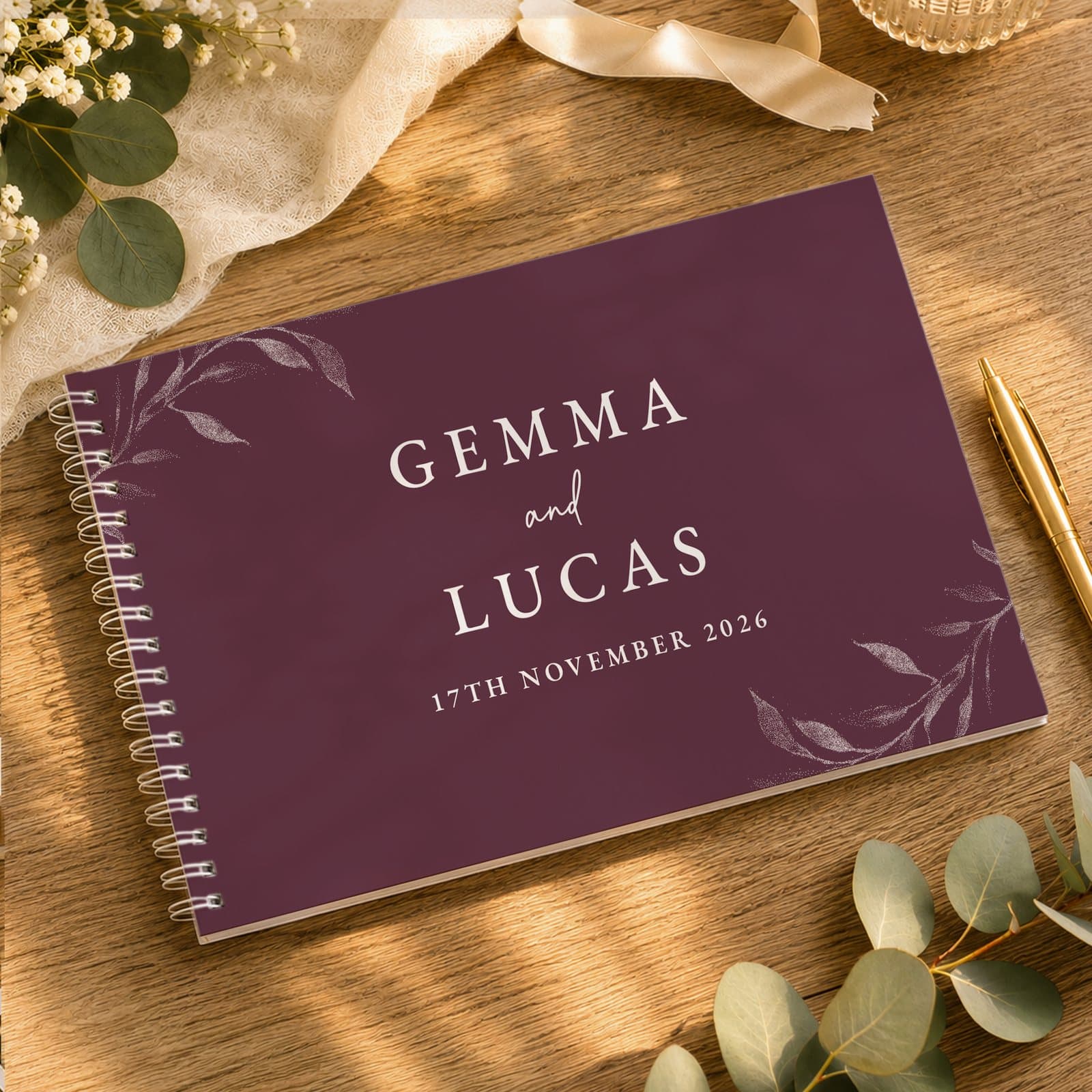 Plum botanical spiral bound wedding guest book