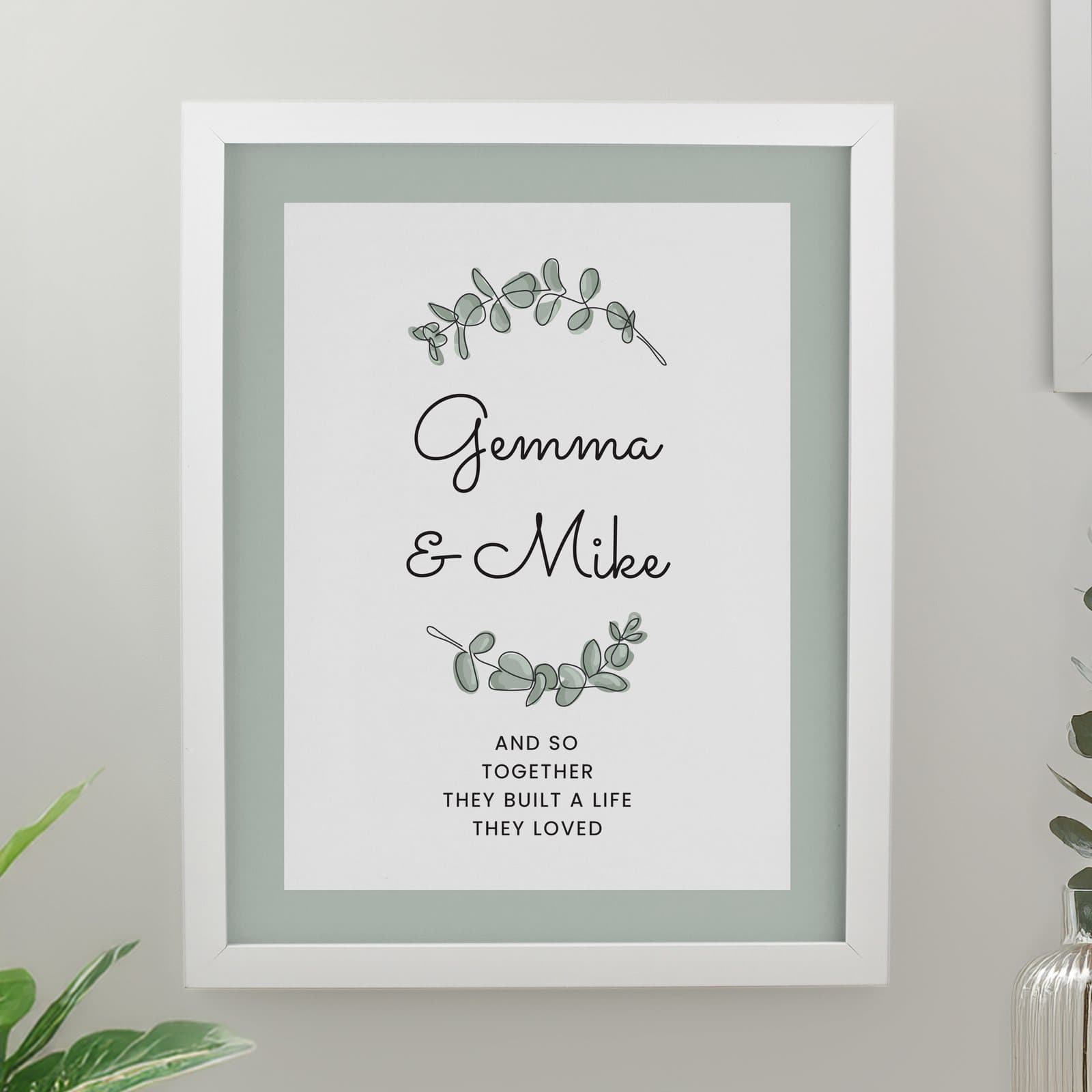 Framed botanical print with six lines of personalised text