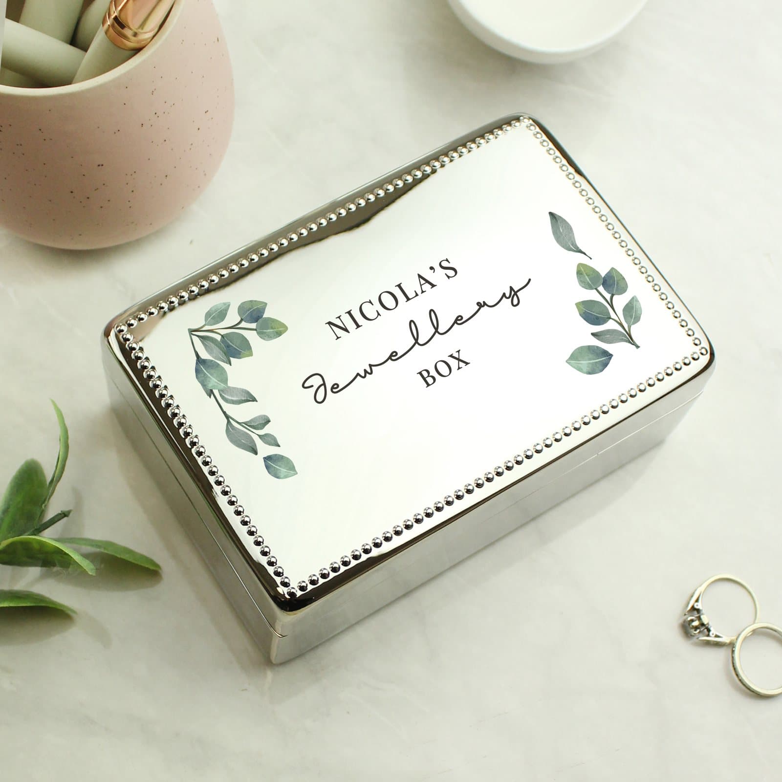 Nickel plated botanical rectangular jewellery box with three lines of personalised text