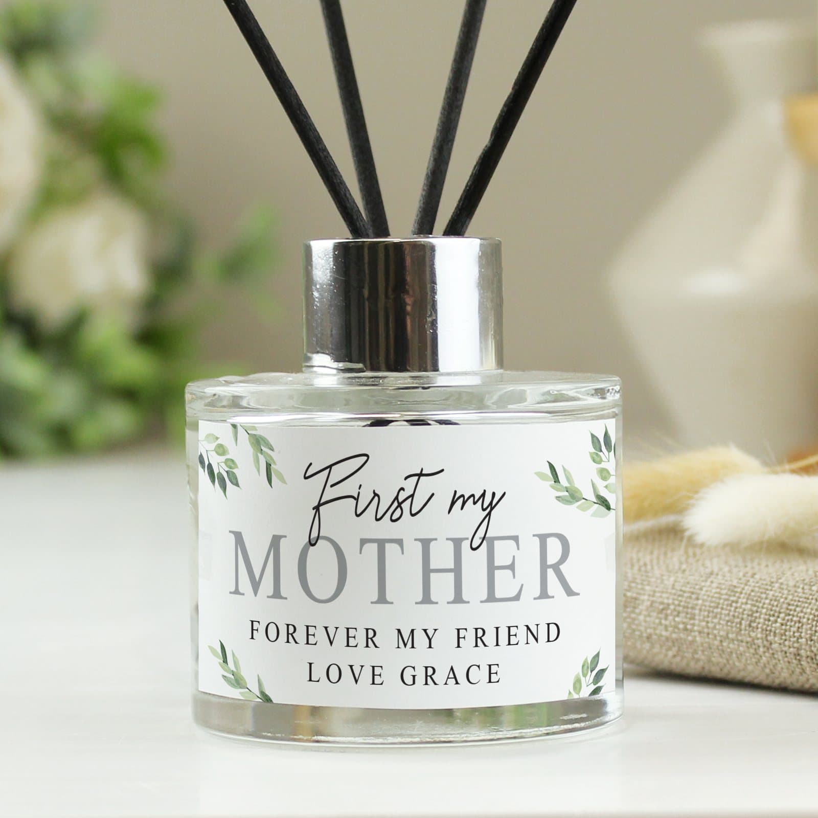 Personalised botanical glass reed diffuser with lines of text