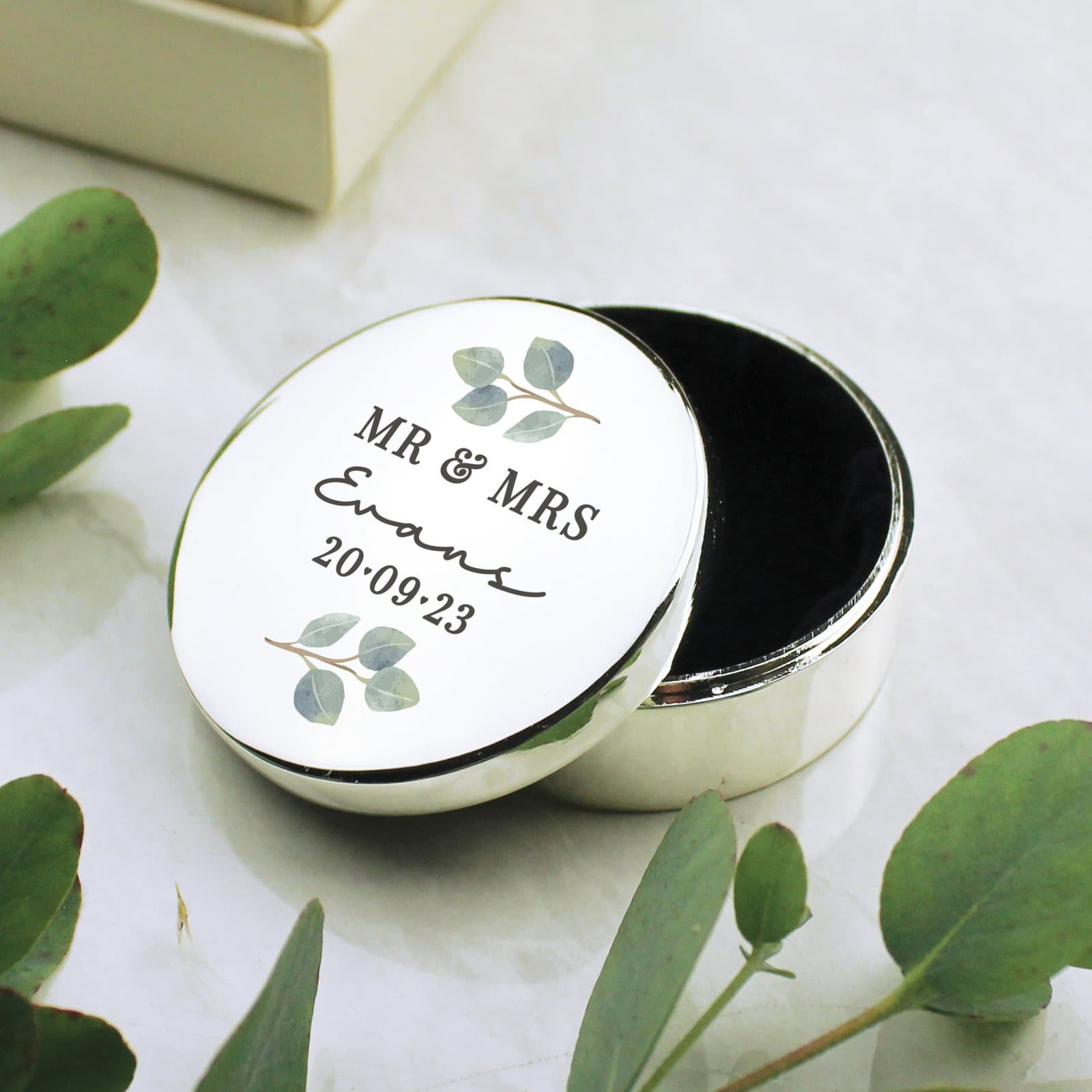 Small botanical ring box personalised with Mr & Mrs, a surname and a date