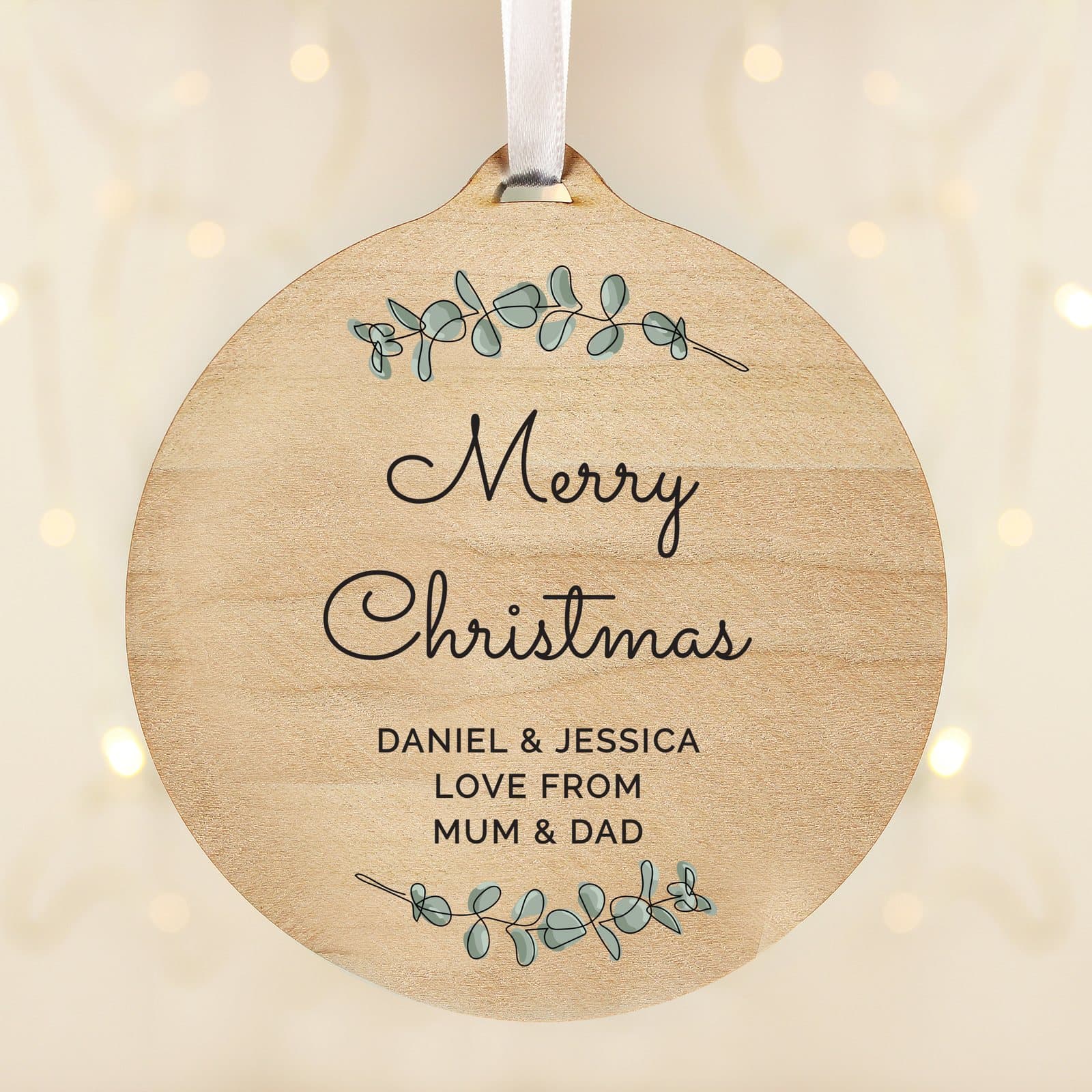 Personalised botanical round wooden Christmas decoration