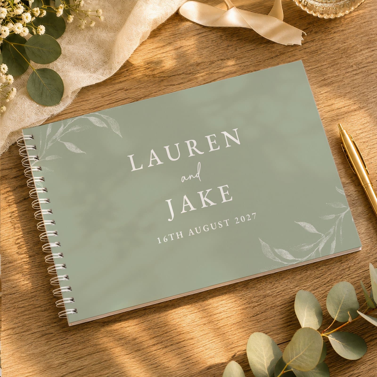 Personalised botanical sage green wedding guest book