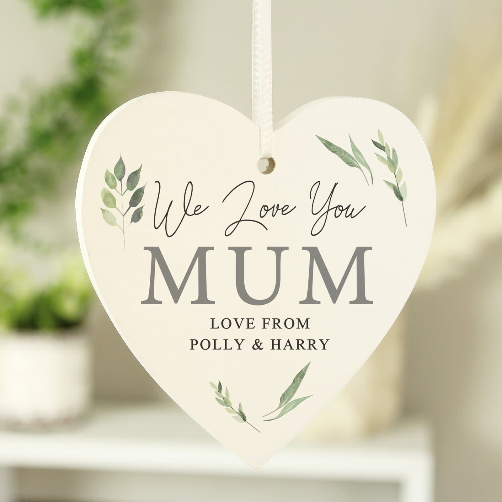 Botanical script wooden heart decoration with ribbon and four lines of text