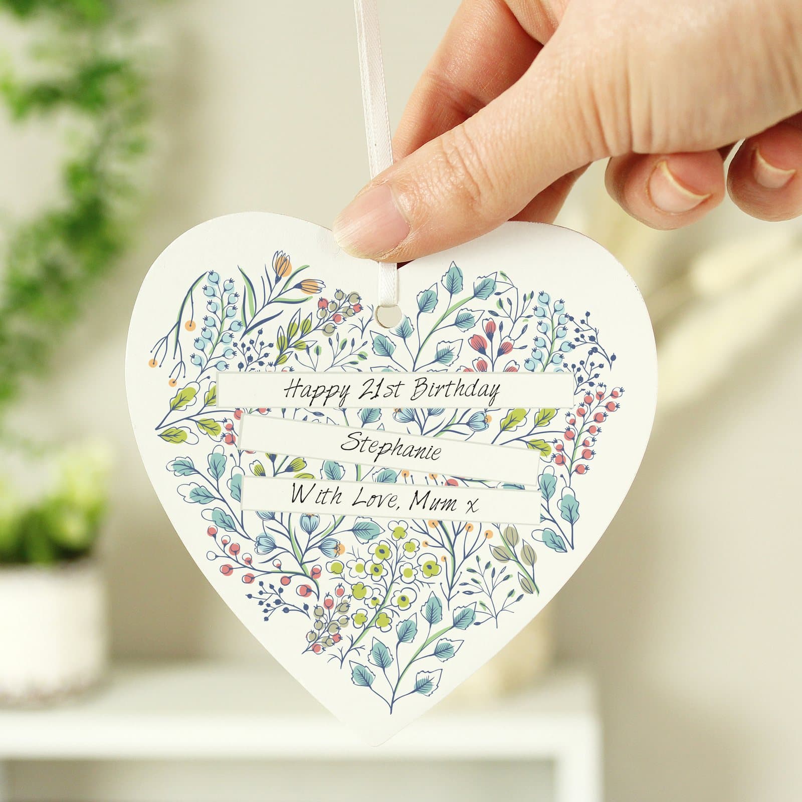 Botanical scroll wooden heart decoration with ribbon and a three line message