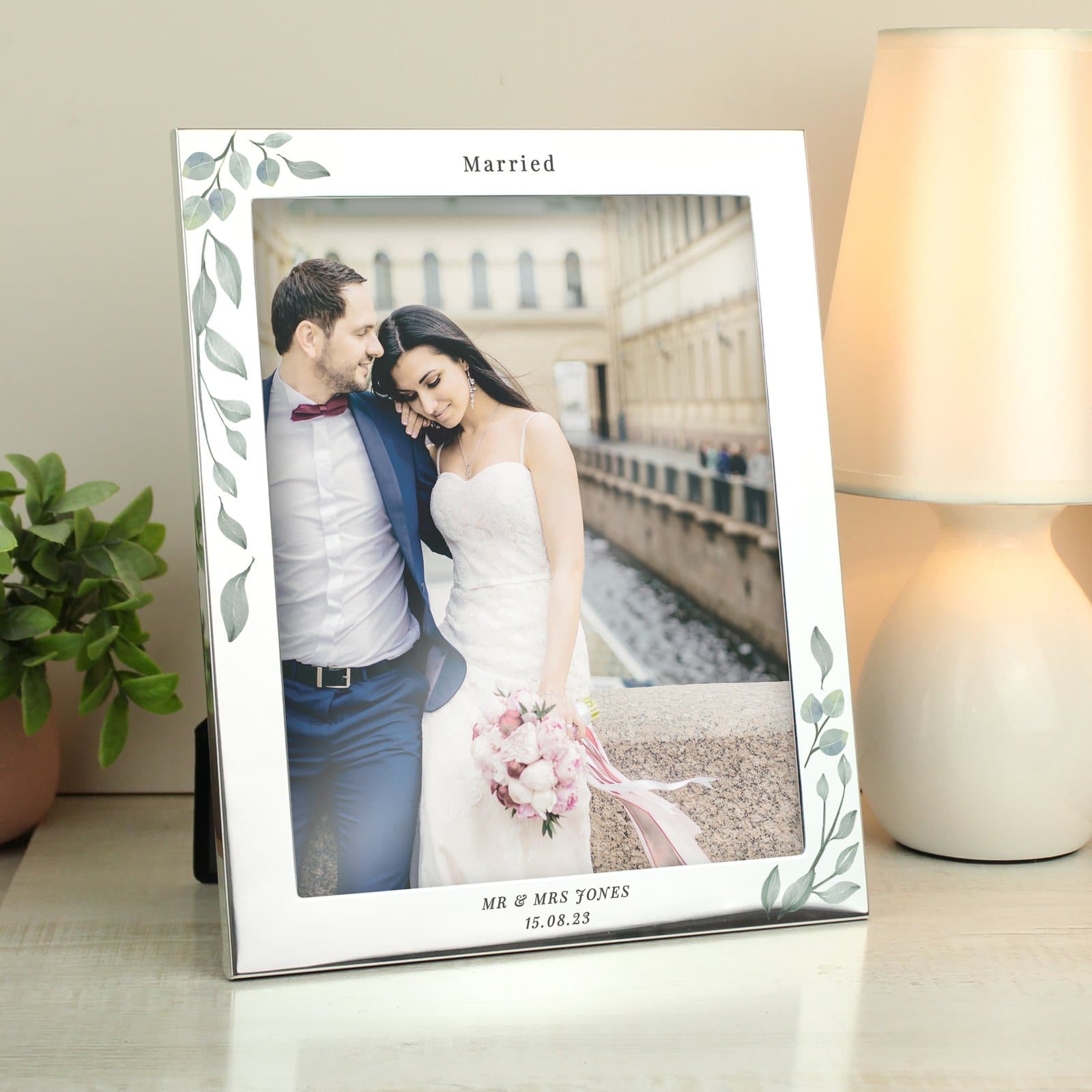 Silver aluminium botanical photo frame with three lines of personalised text
