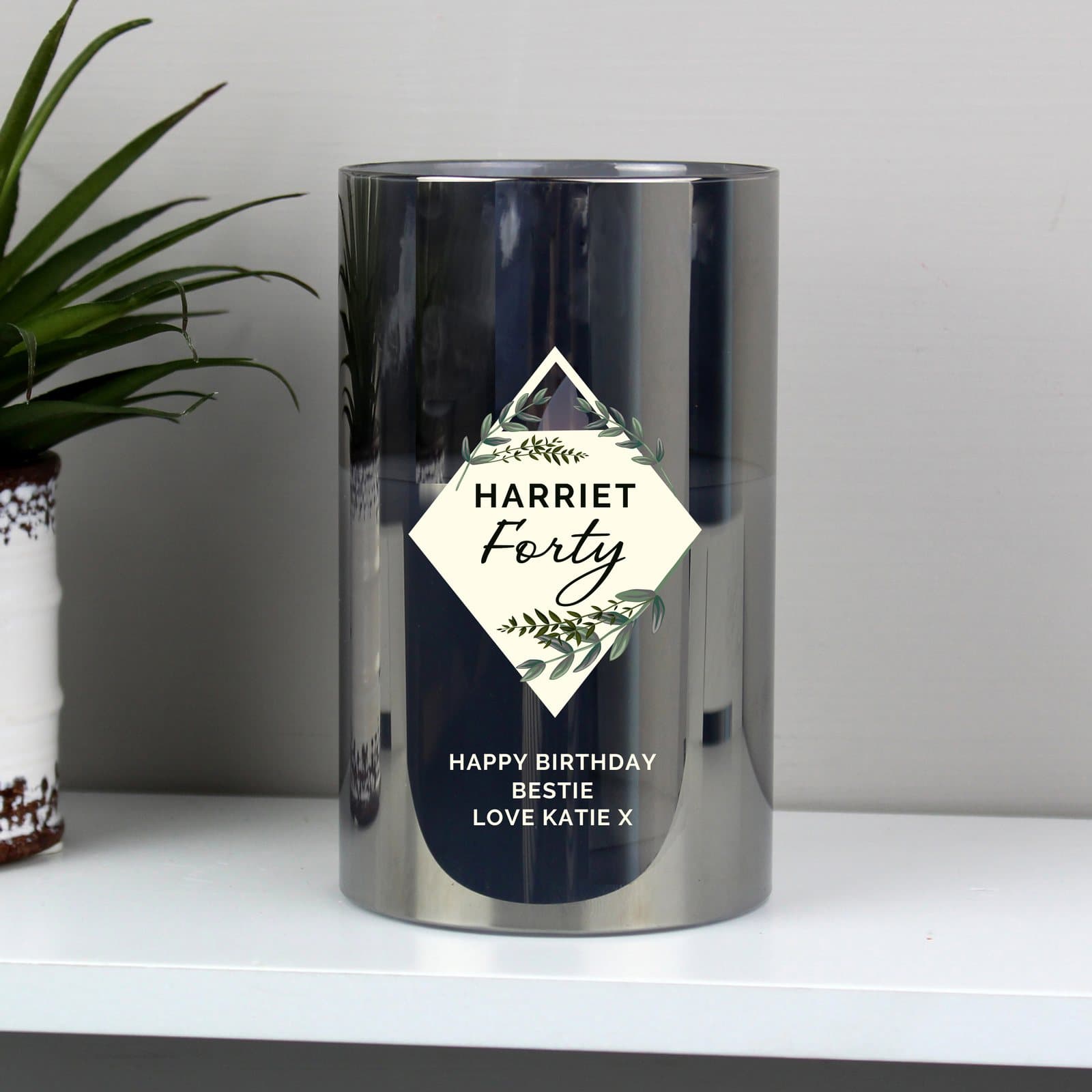 Personalised botanical glass LED candle with five lines of text