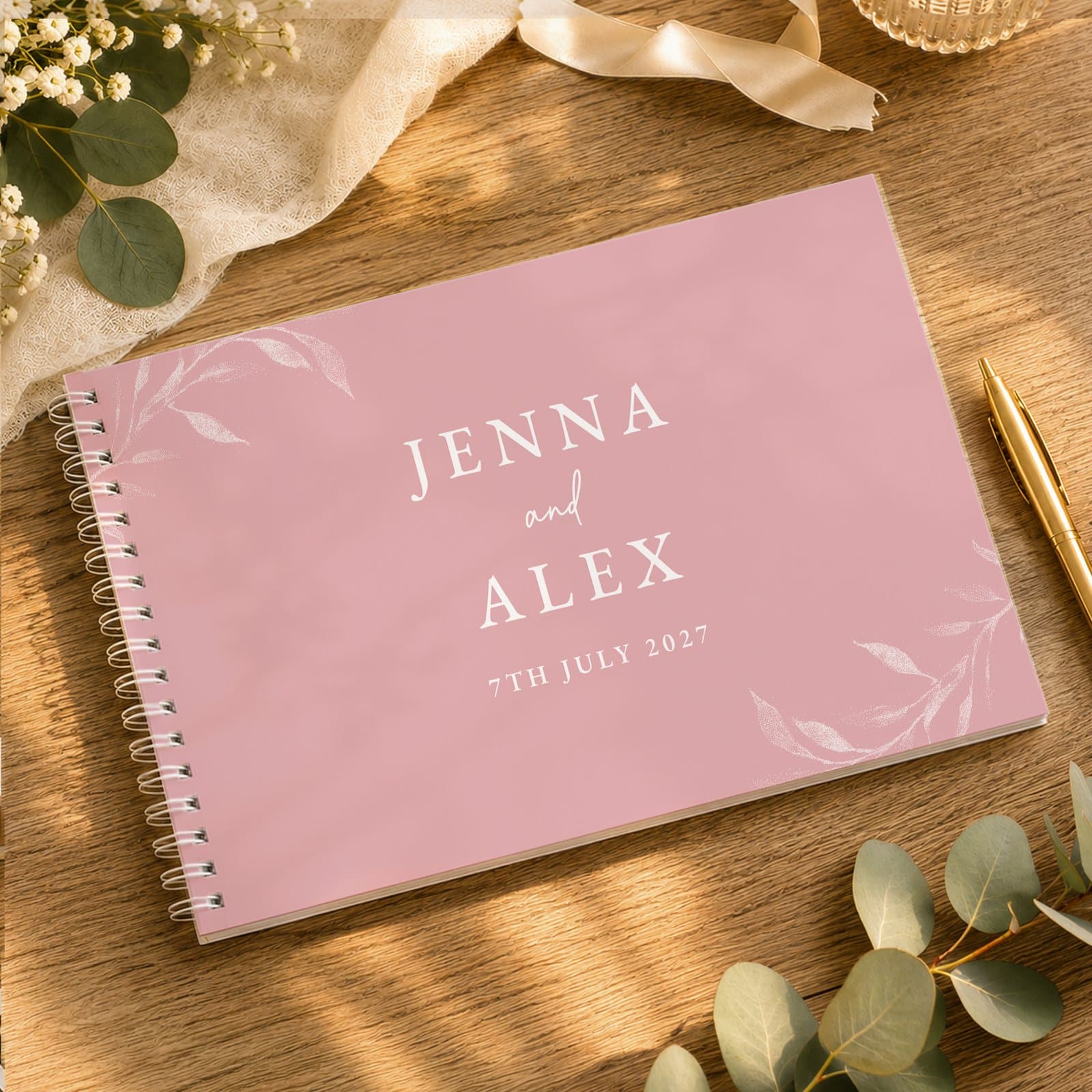 Personalised botanical soft pink wedding guest book
