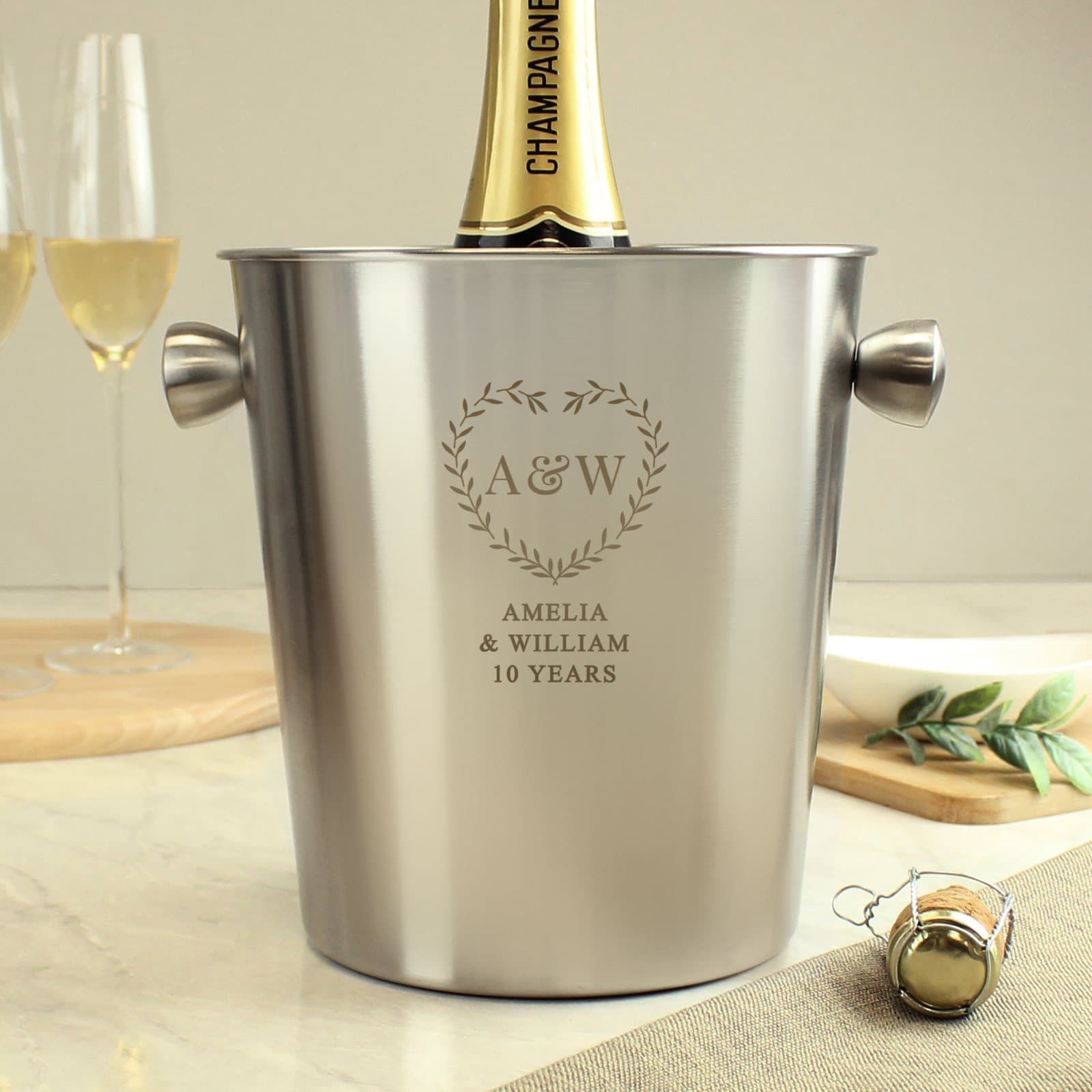 Brushed stainless steel ice bucket with personalised initials