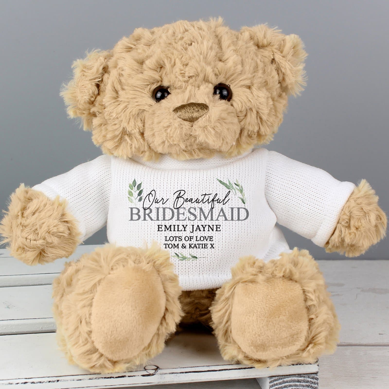 Plush botanical teddy bear personalised with a five-line message