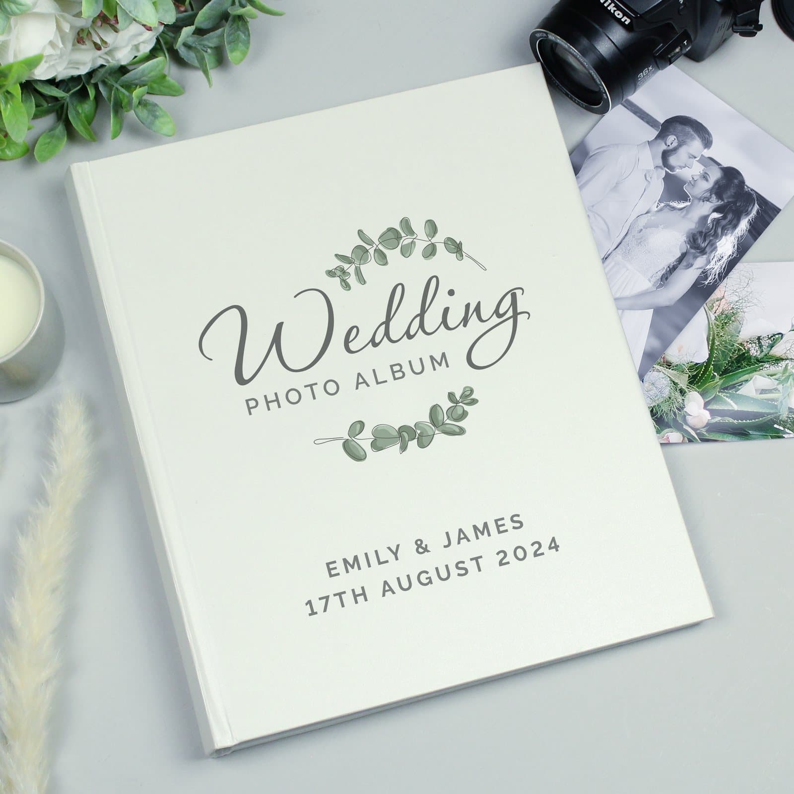 Botanical traditional wedding photo album with personalised text