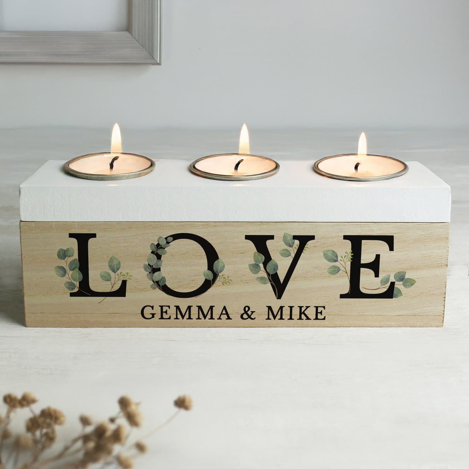 Wooden botanical tea light box with Love and a personalised line of text