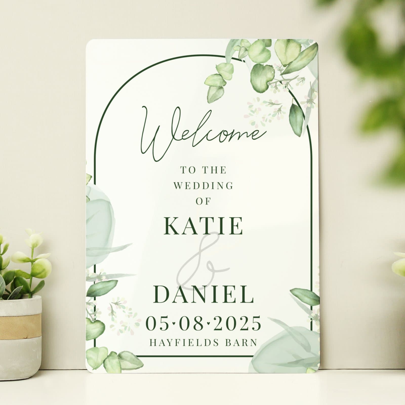 Personalised botanical wedding metal sign in aluminium with eight lines of text