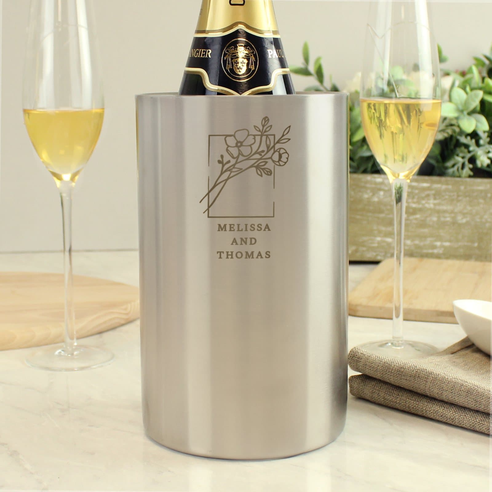 Personalised botanical brushed stainless steel wine cooler