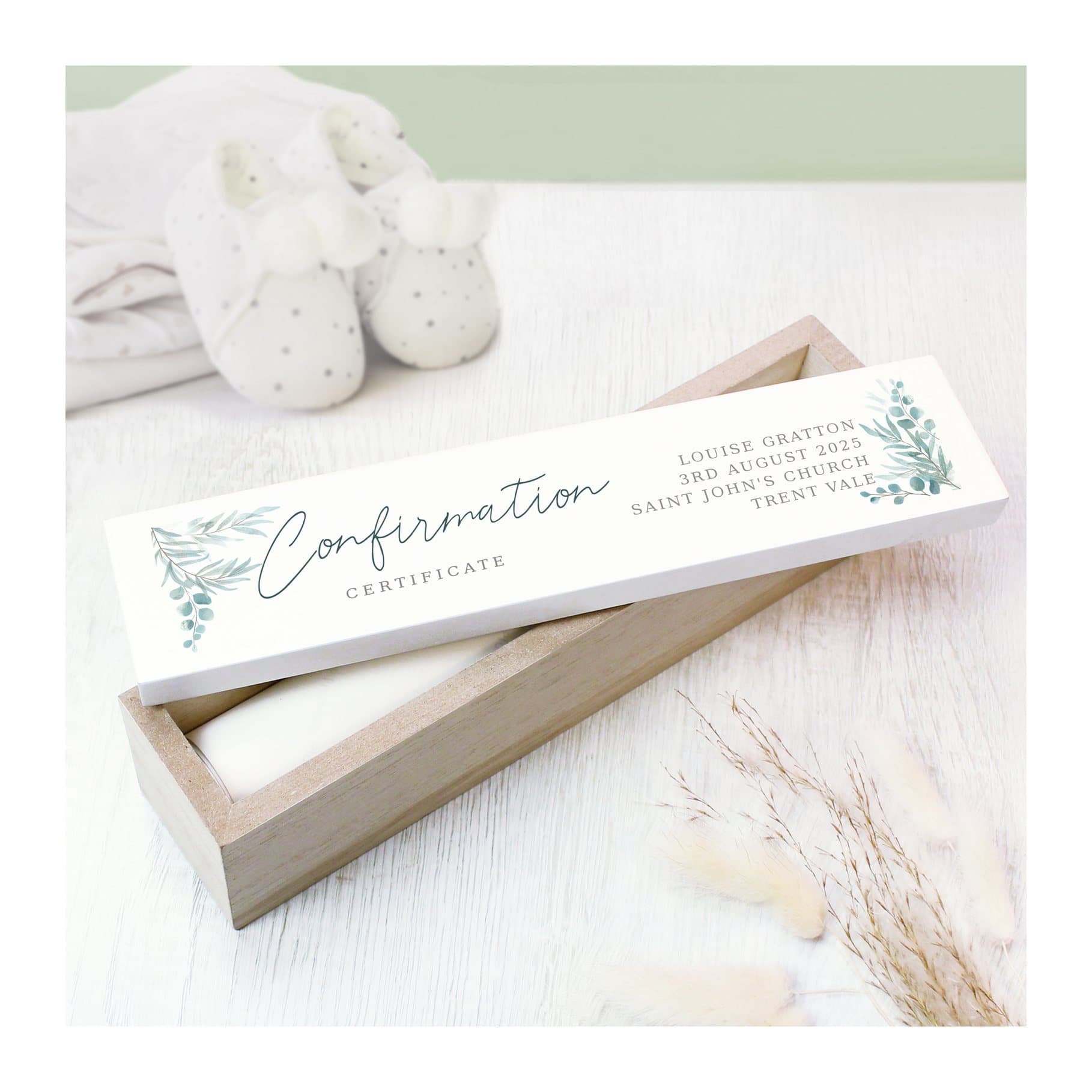 Personalised botanical wooden certificate holder box