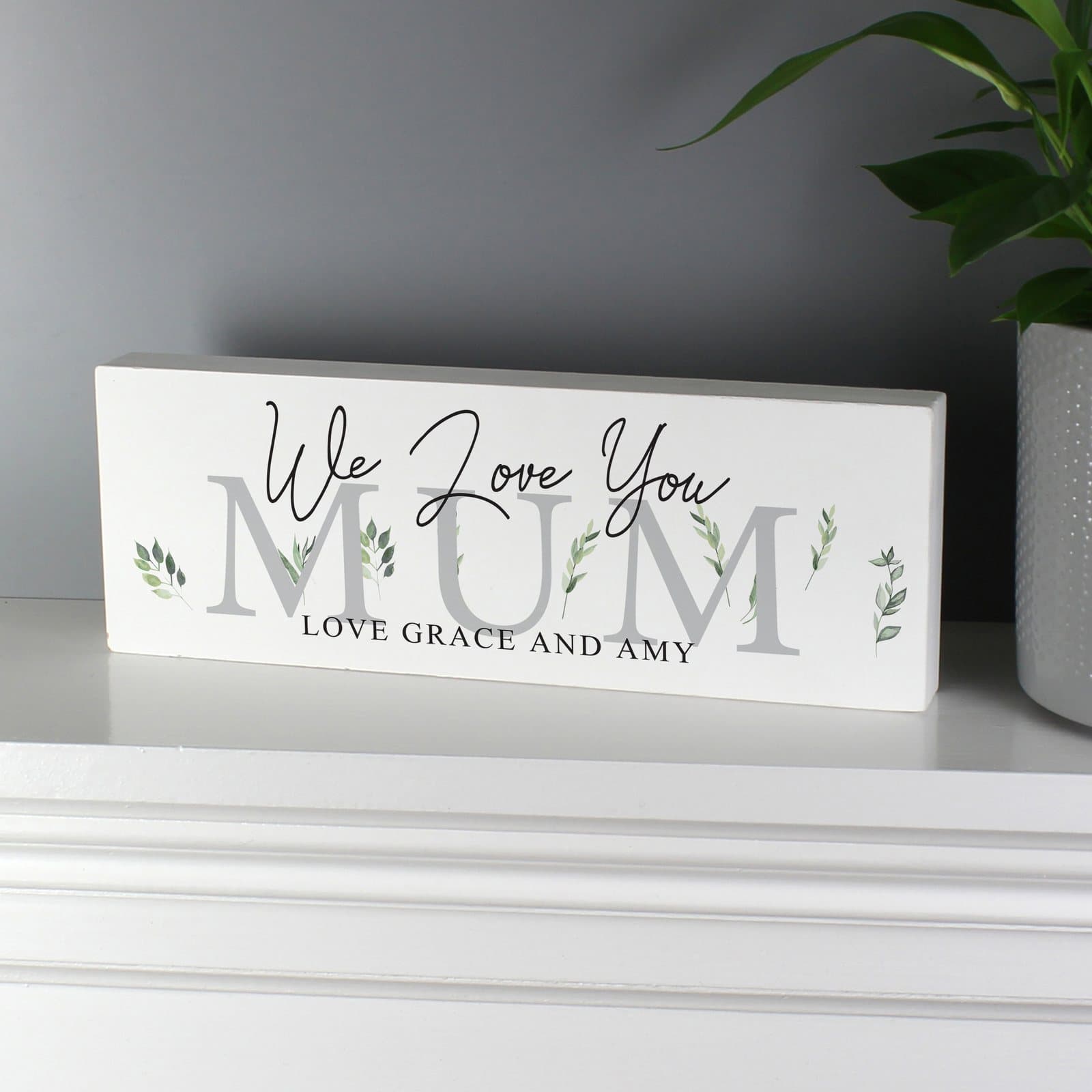 Personalised botanical wooden mantel block sign