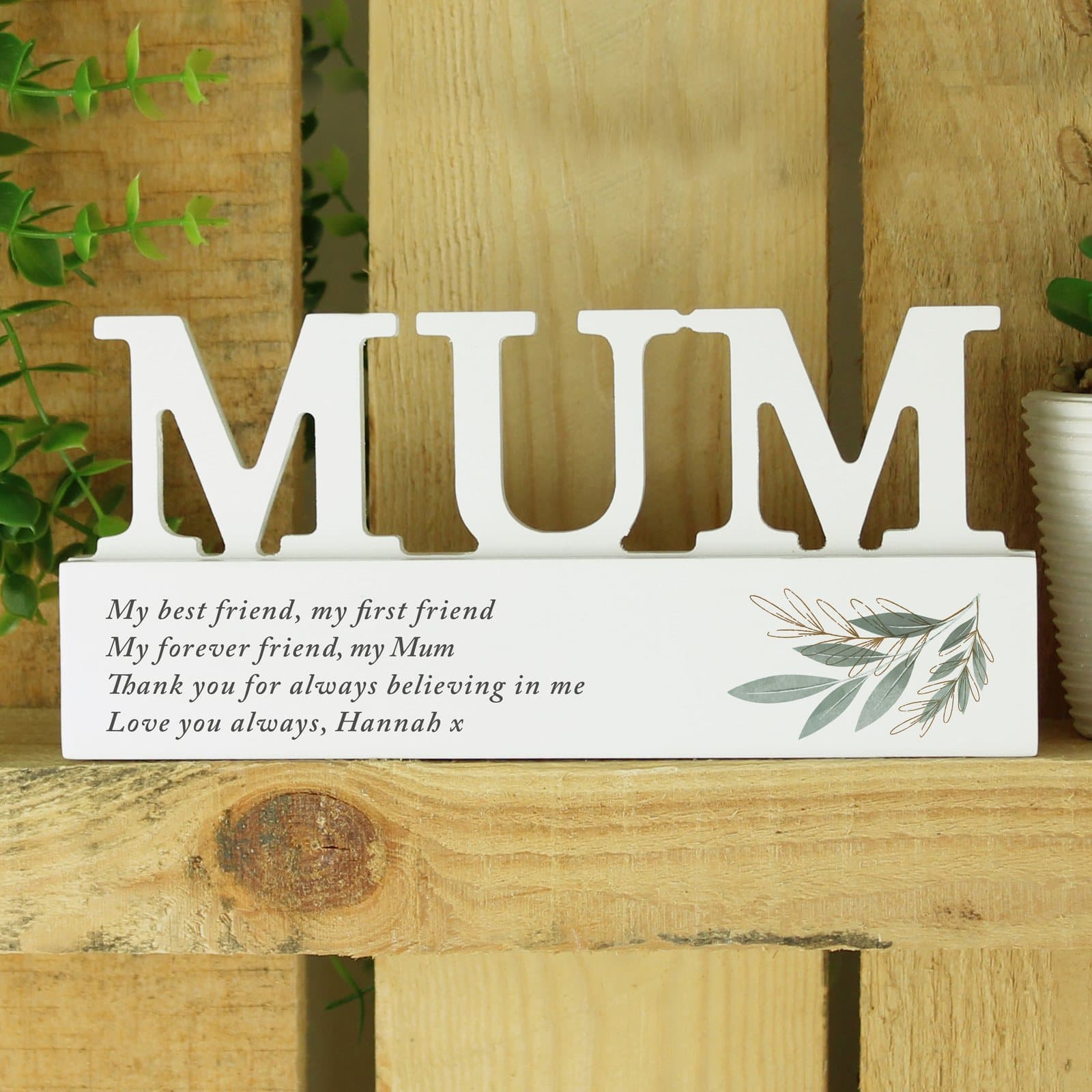 Personalised botanical wooden mum ornament