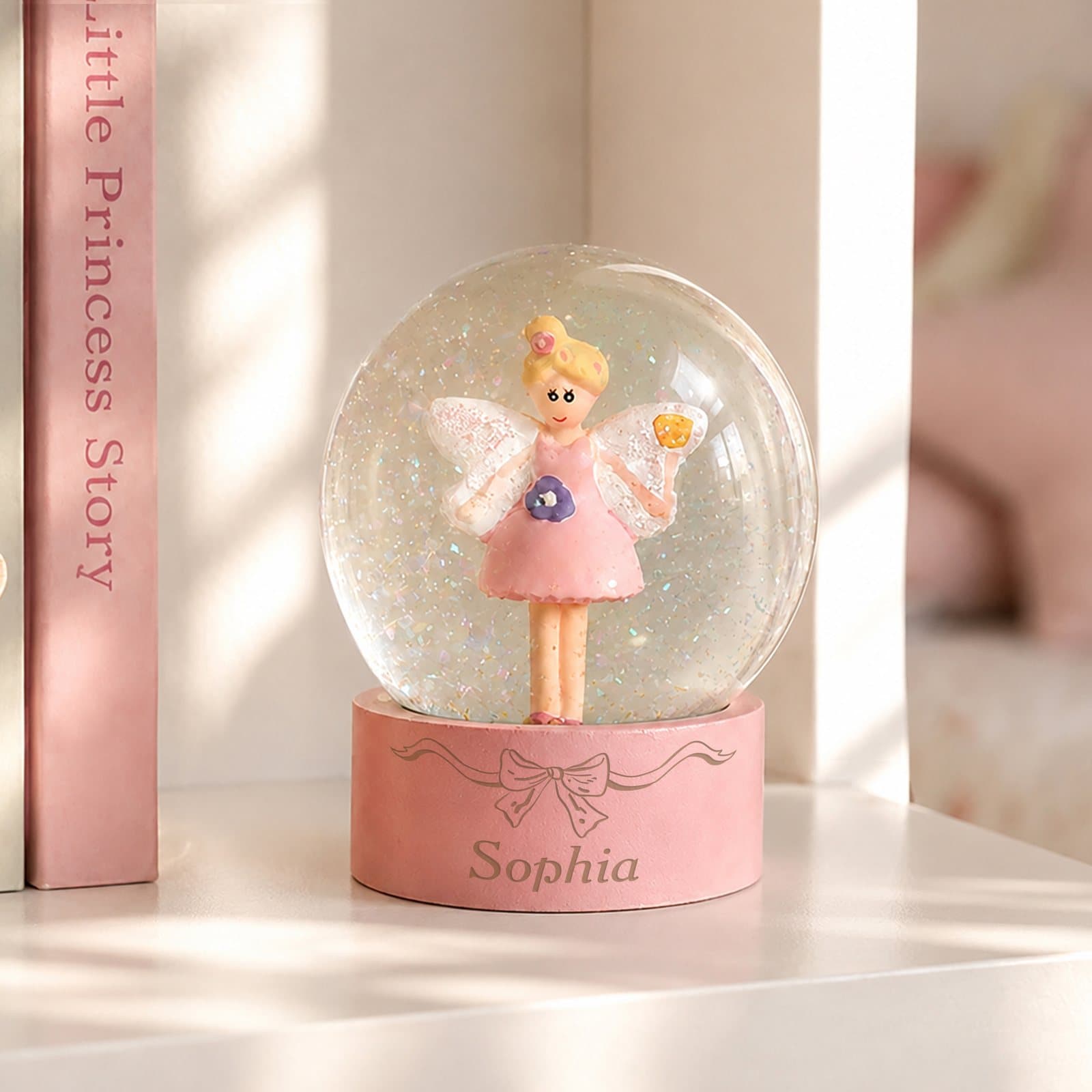 Ornamental fairy snow globe with a bow design in resin and plastic