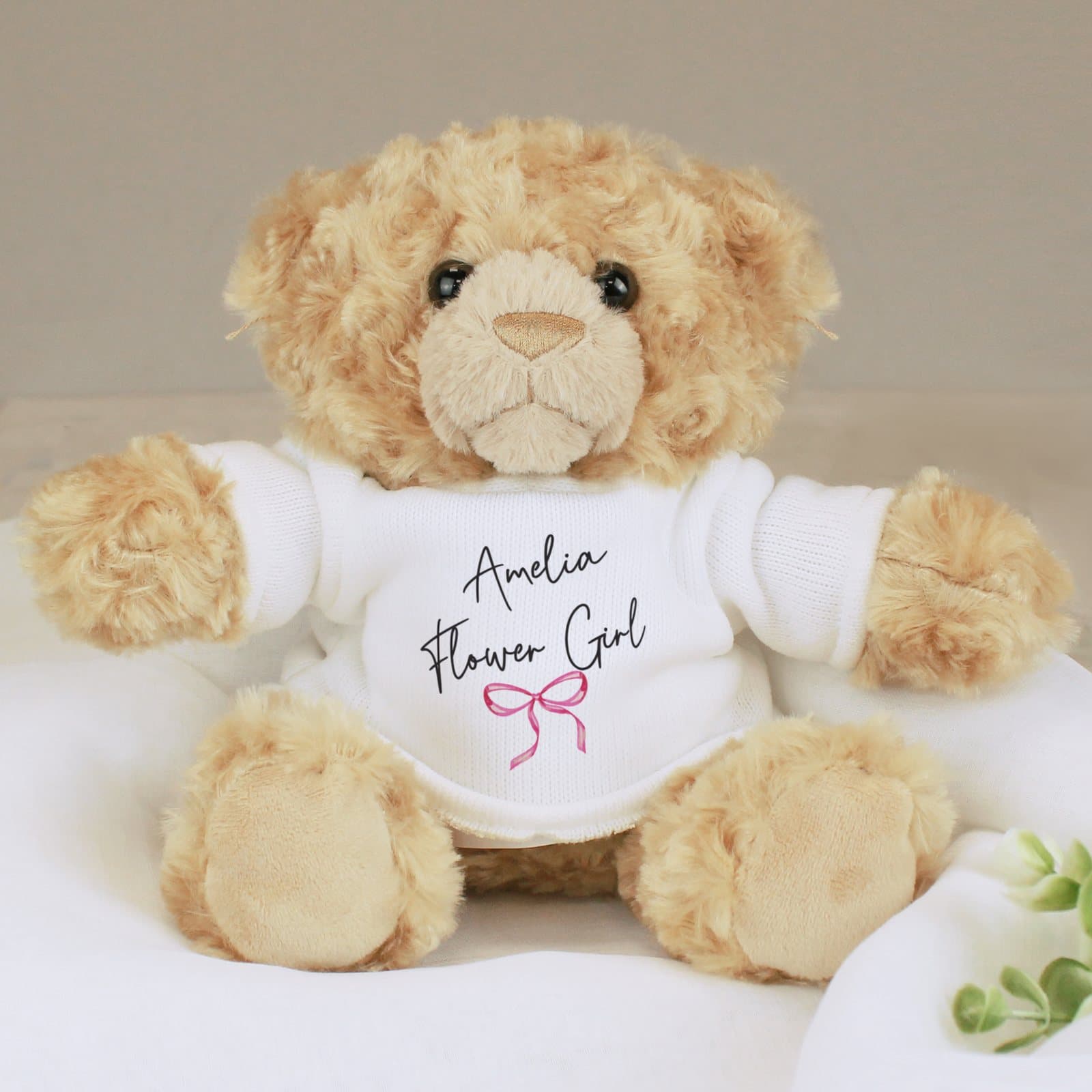 Plush teddy bear in a sweater personalised with a flower girl's name and role